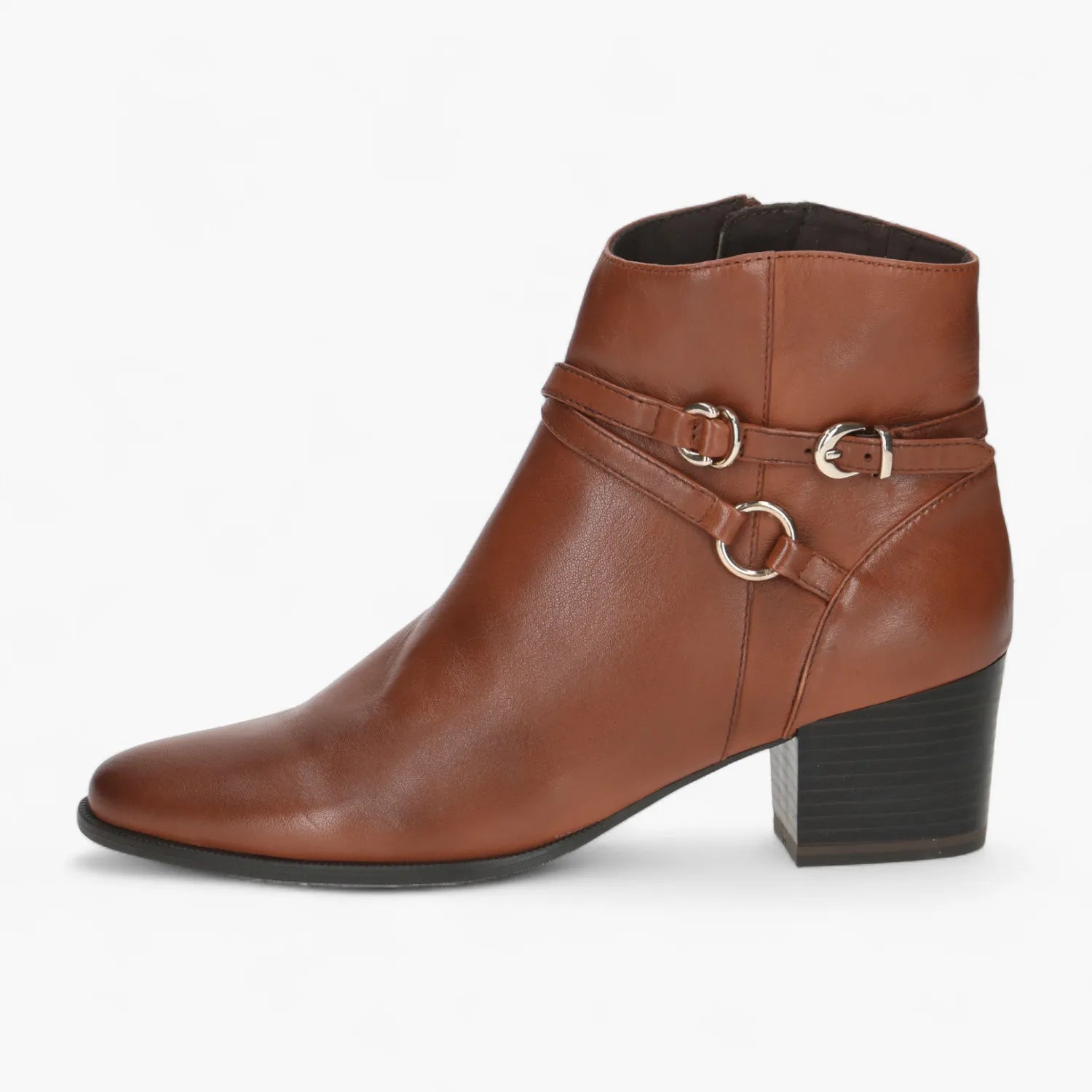 Caprice Cognac Nappa Leather Boot with Buckle Detail & Block Heel - Leavys Shoes
