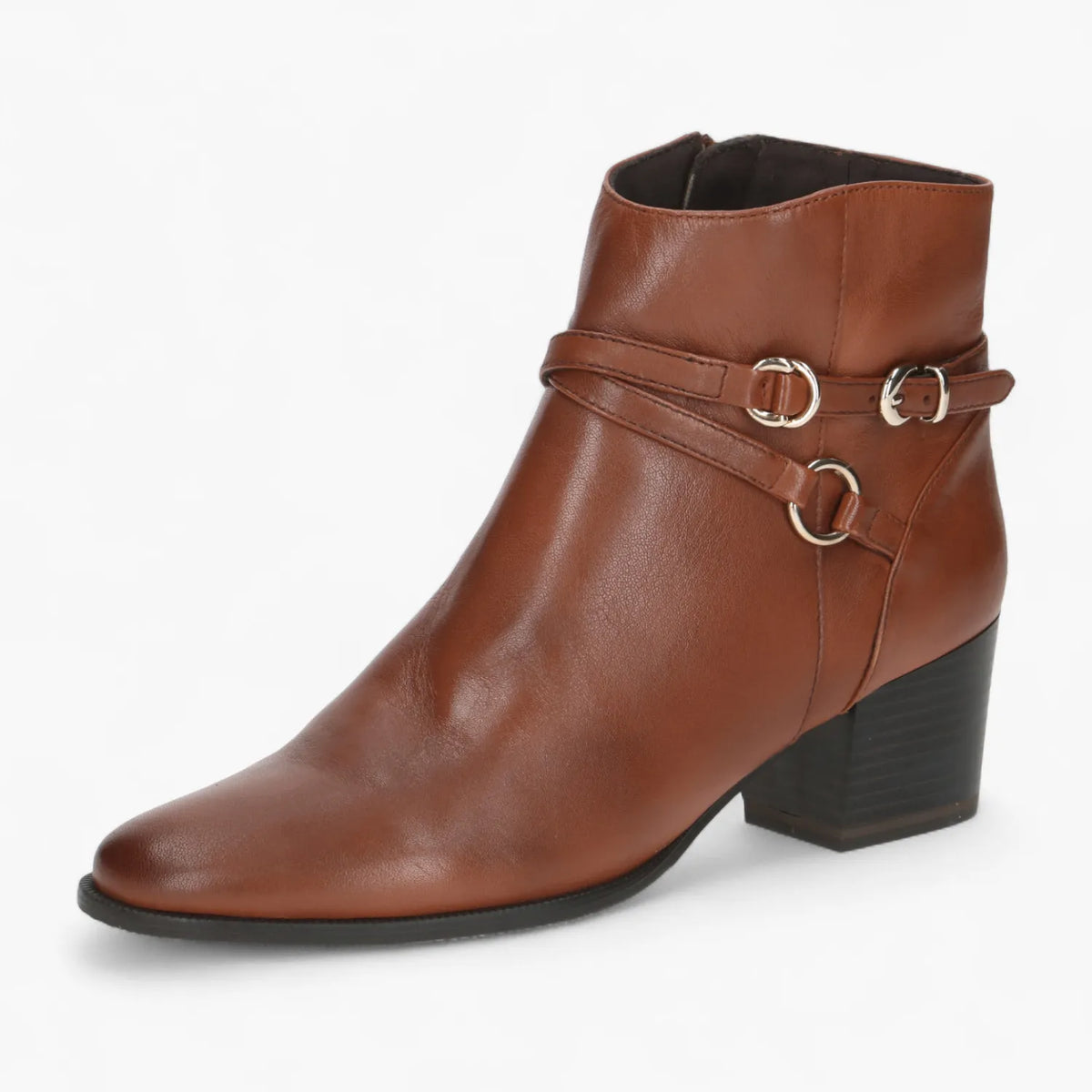 Caprice Cognac Nappa Leather Boot with Buckle Detail & Block Heel - Leavys Shoes