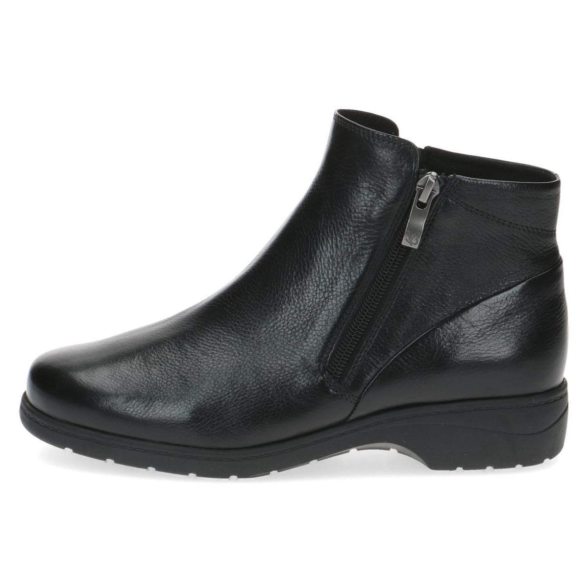 Front view of Caprice&#39;s dual zip black ankle boot.