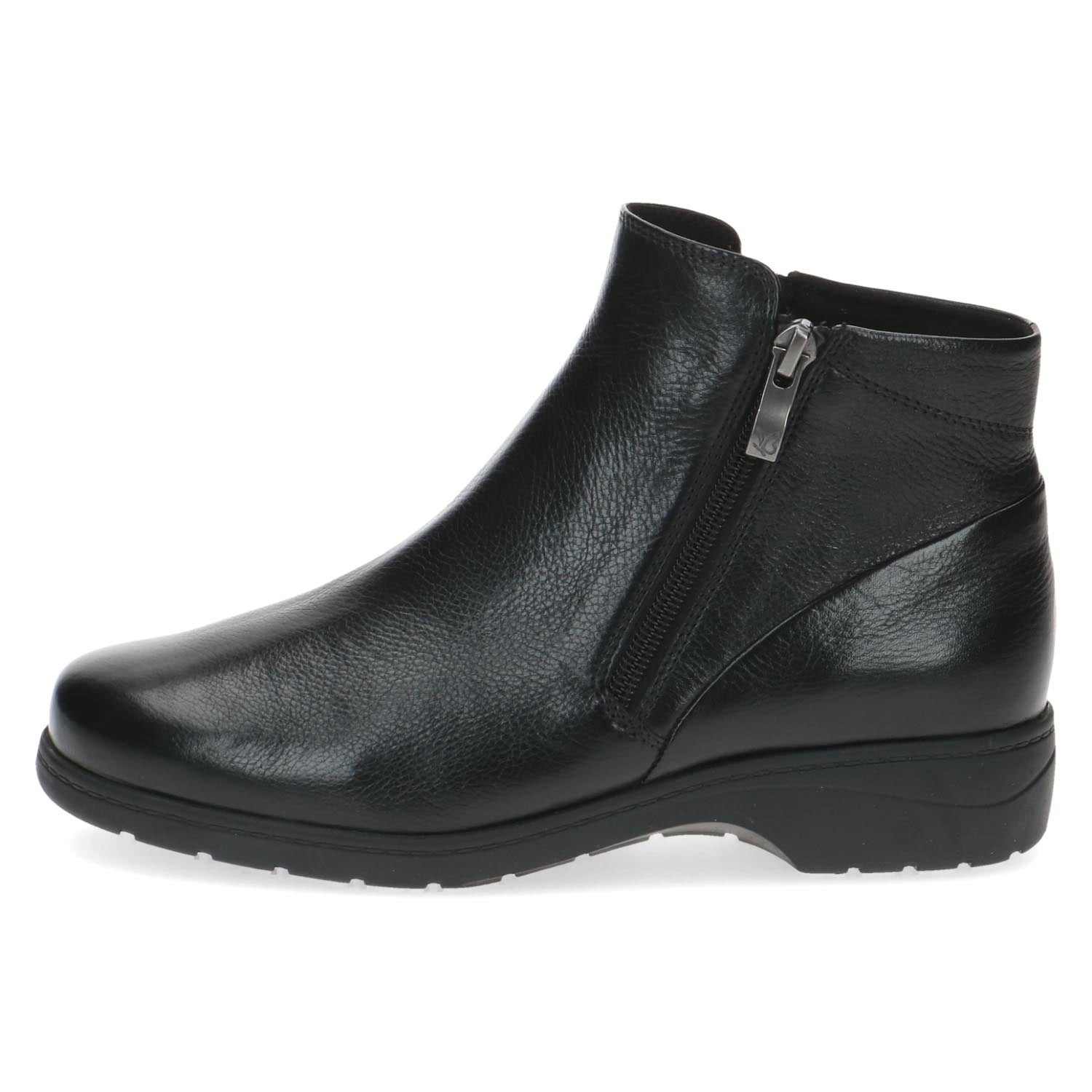 Front view of Caprice's dual zip black ankle boot.
