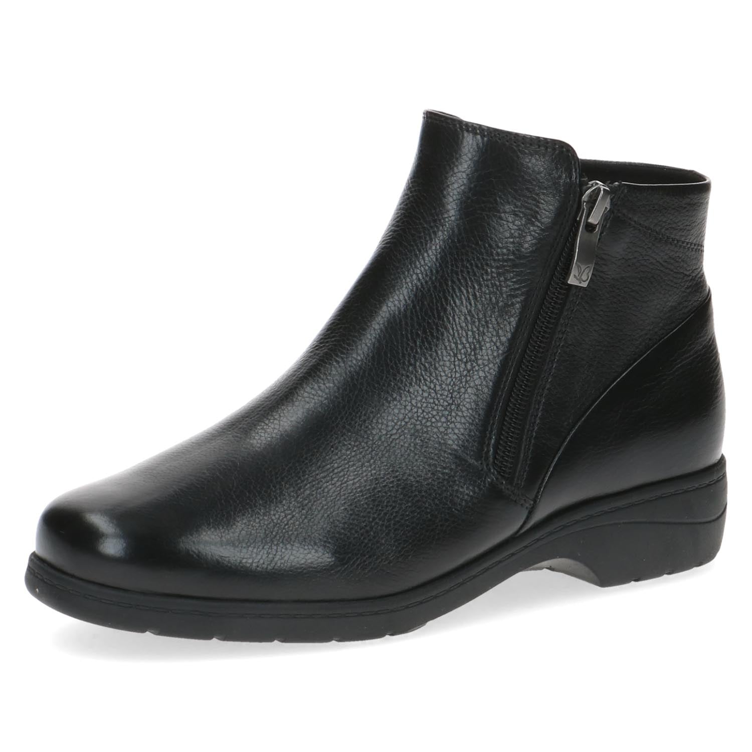 Angle shot showcasing the sleek design of the dual zip black ankle boot.