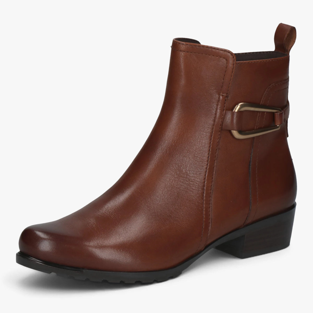 Caprice cognac nappa ankle boot shown from the front at a three-quarter angle with gold-tone buckle.