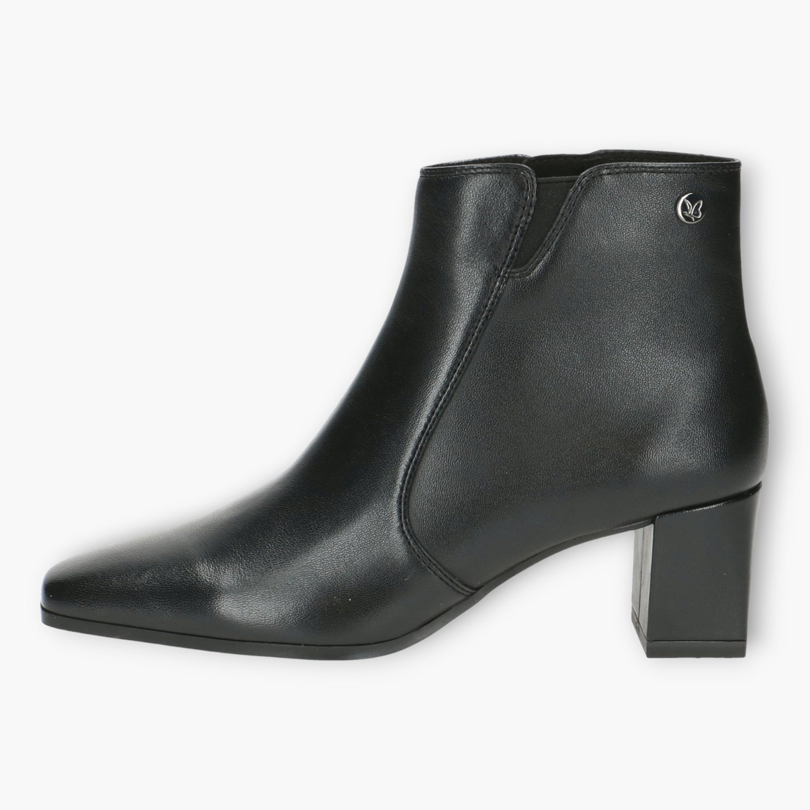 Caprice Black Leather Dressy Ankle Boots with Block Heel and Square Toe