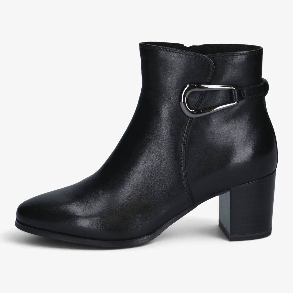Caprice Black Leather Buckle Detail Ankle Boots