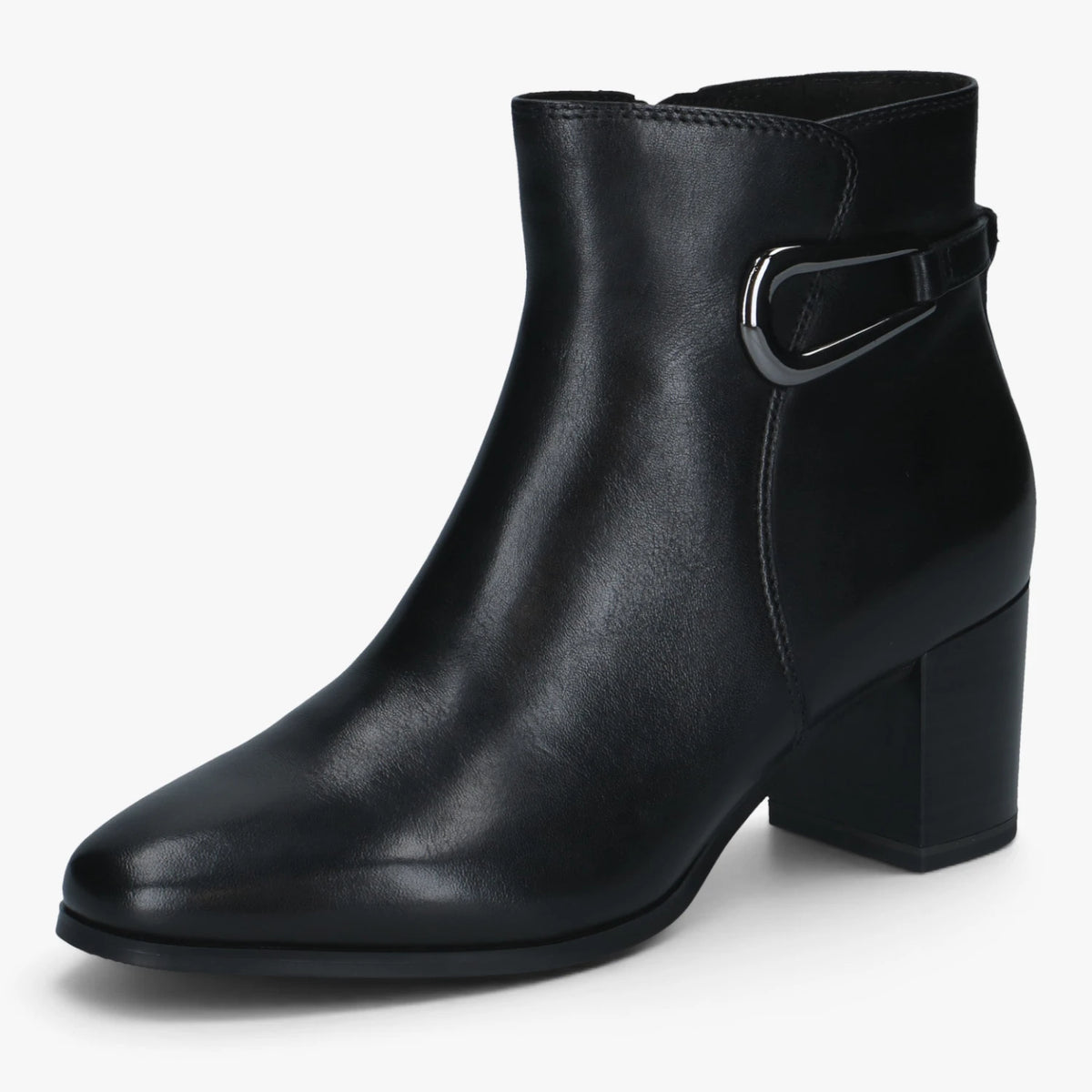 Caprice Black Leather Buckle Detail Ankle Boots
