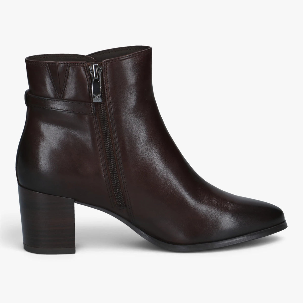 Caprice Dark Brown Leather Block Heel Ankle Boots