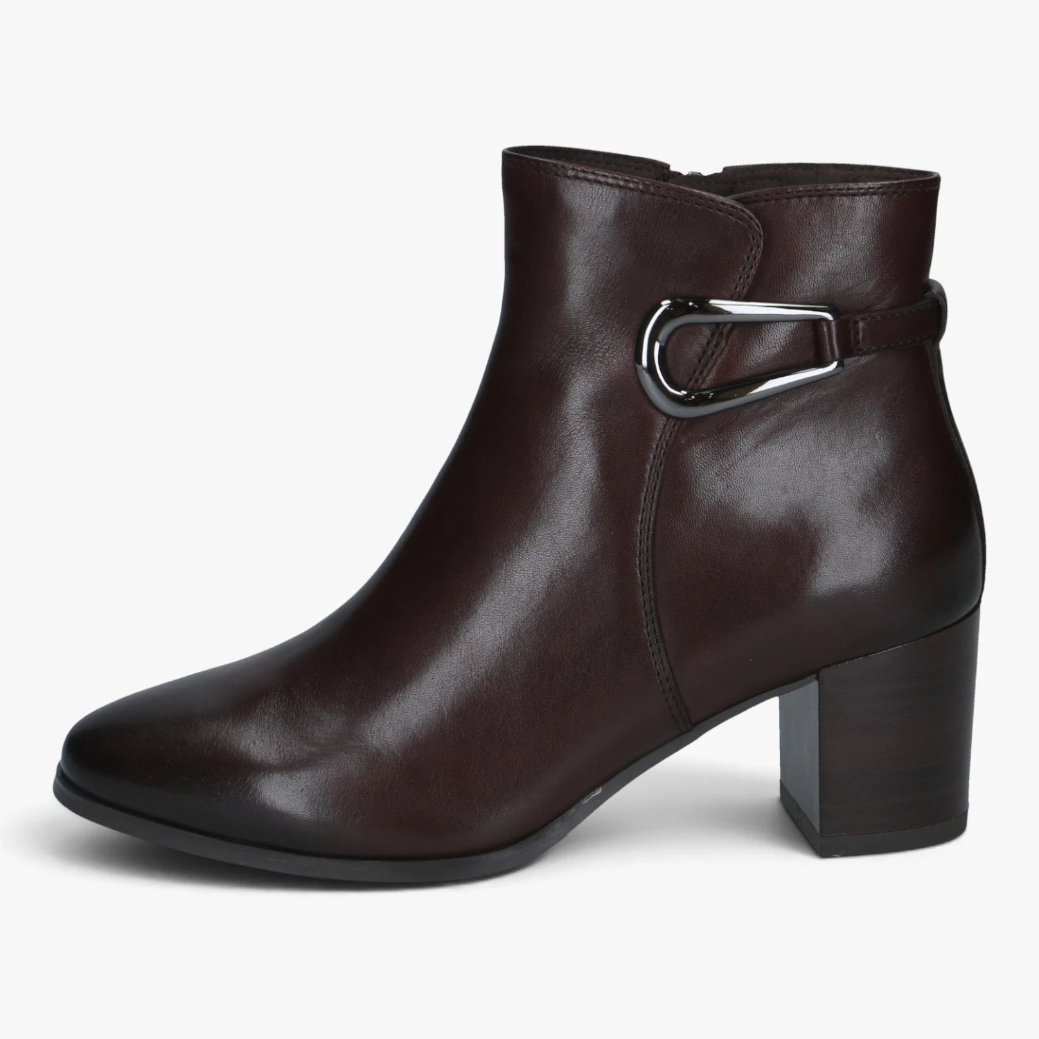 Caprice Dark Brown Leather Block Heel Ankle Boots