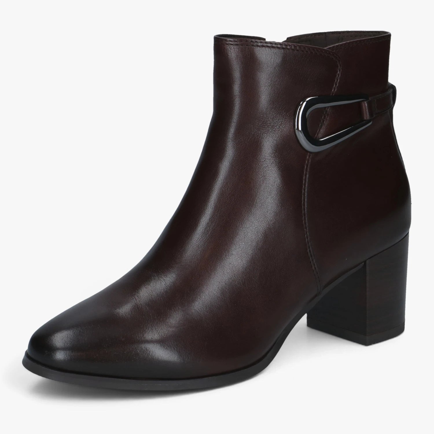 Caprice Dark Brown Leather Block Heel Ankle Boots