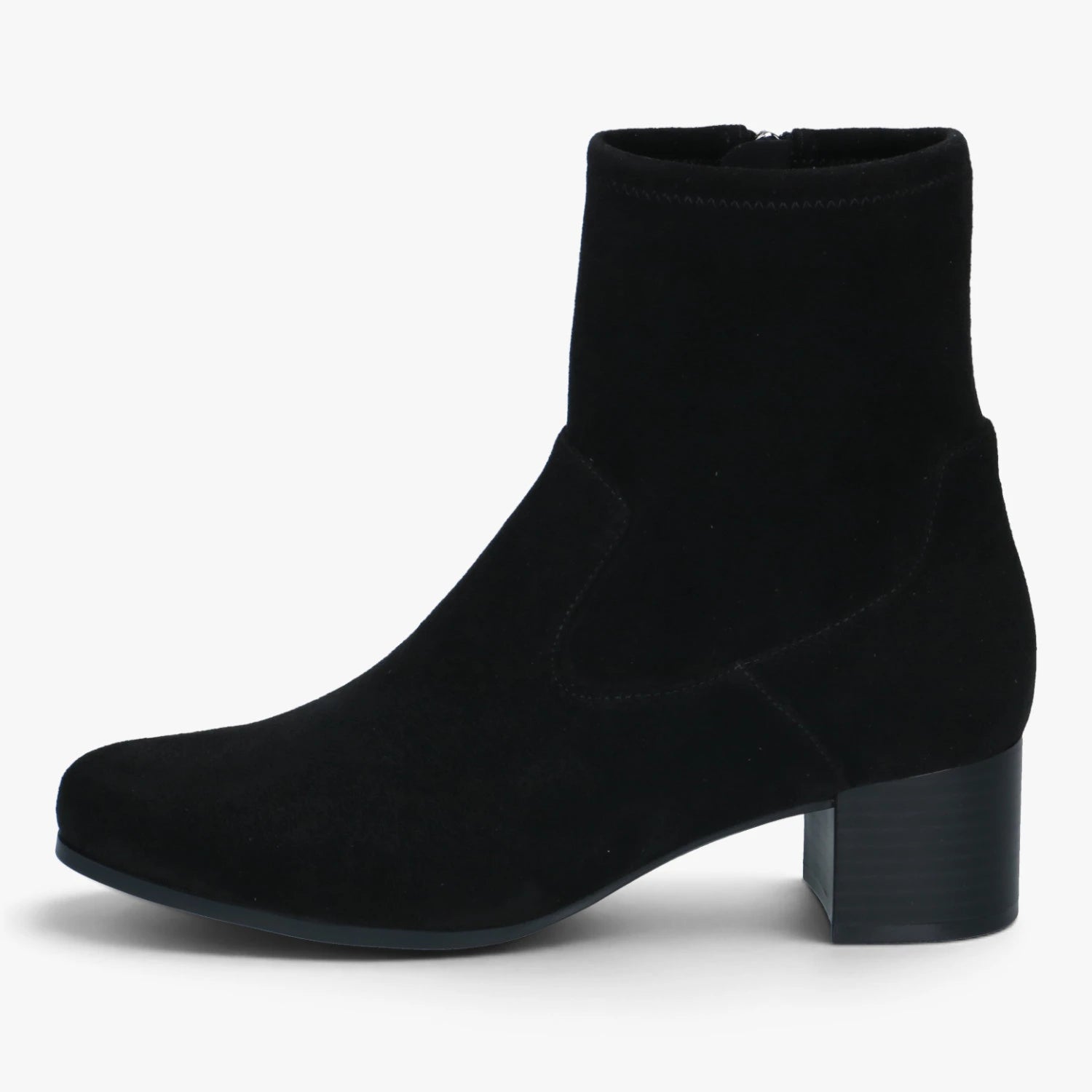 Outer side profile of the Caprice Black Stretch ankle boot and 5 cm block heel.