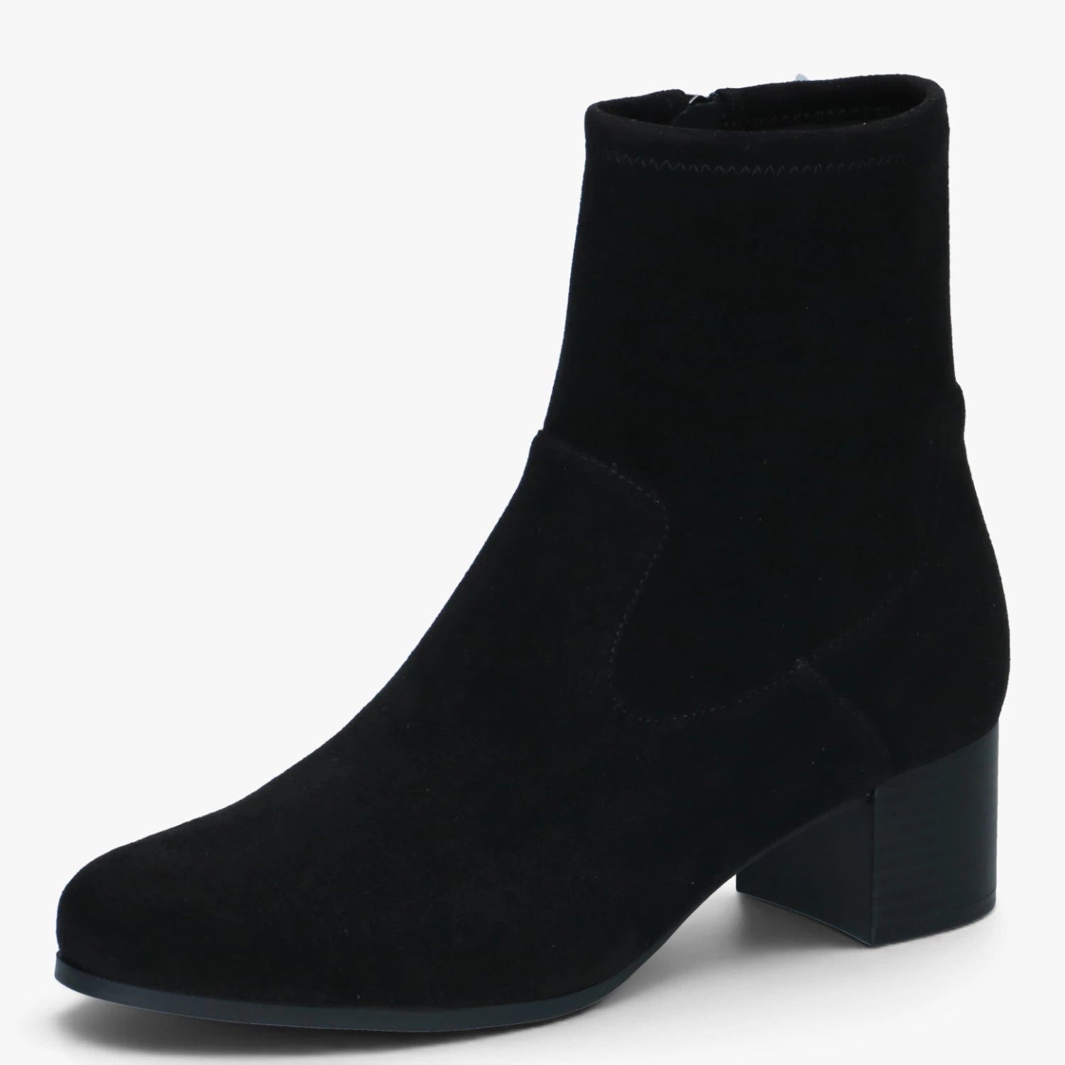 Caprice Black Stretch ankle boot shown from the front at a three-quarter angle.