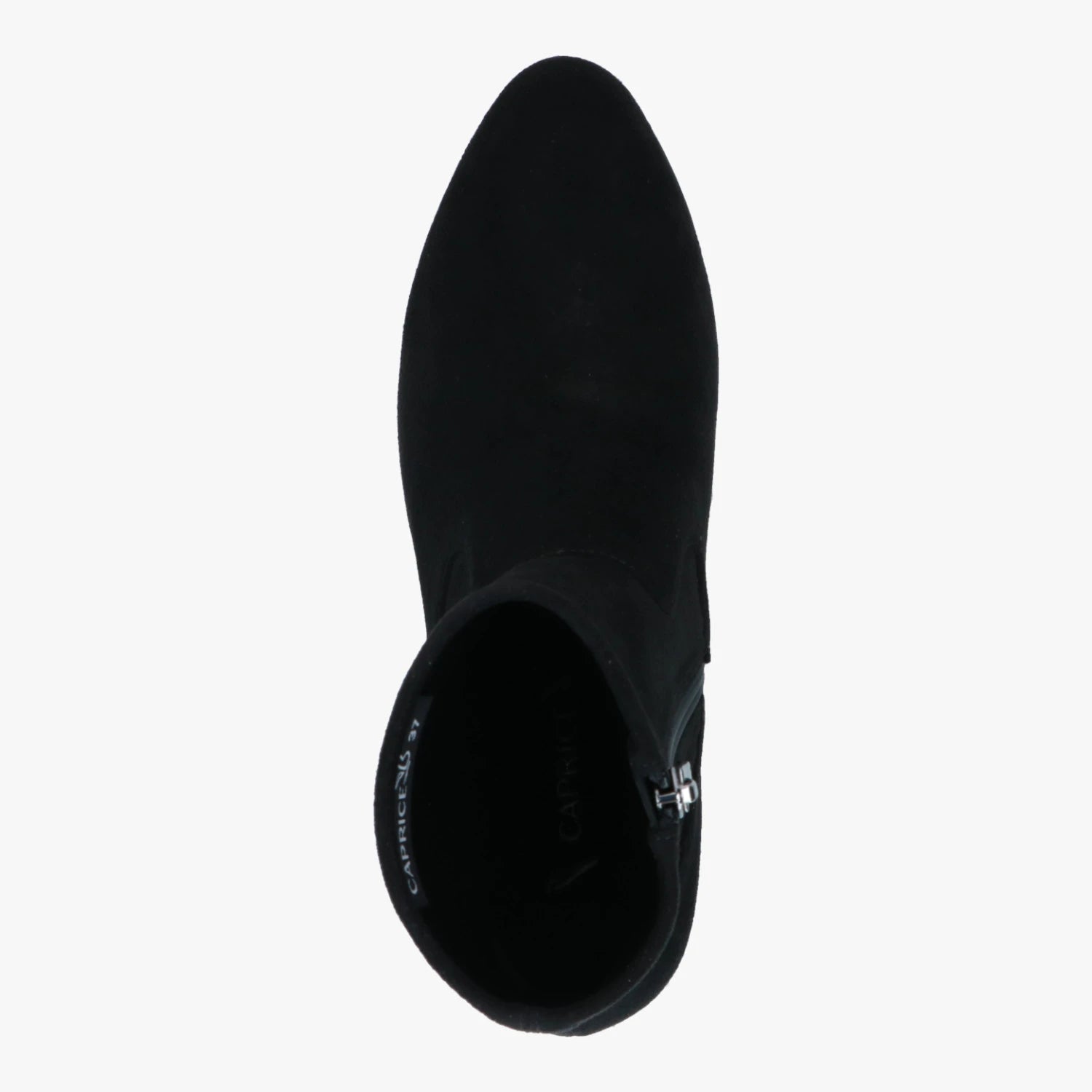 Top view of the Caprice Black Stretch ankle boot, showing the toe shape and opening.