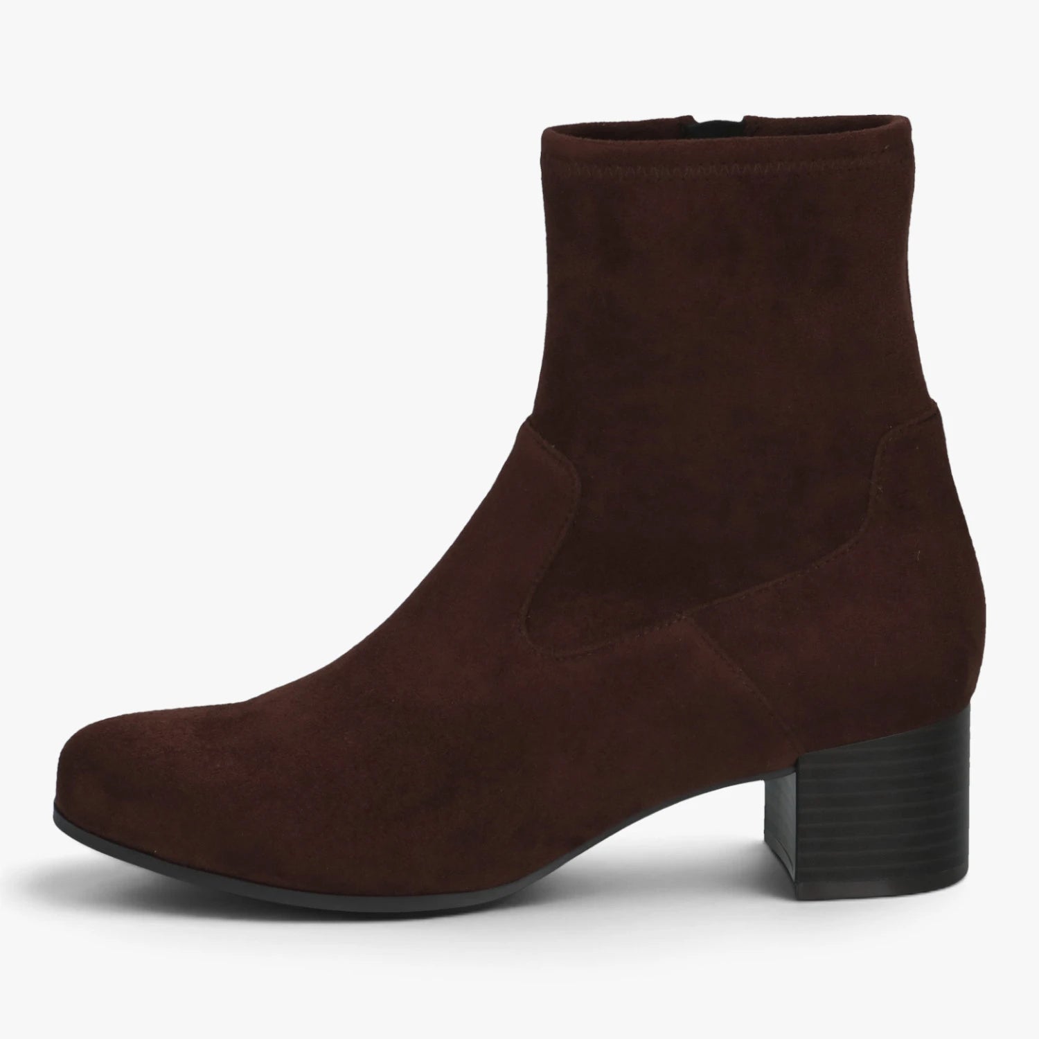 A dark brown suede ankle boot with a chunky black block heel, shown from a side profile on a light gray background.