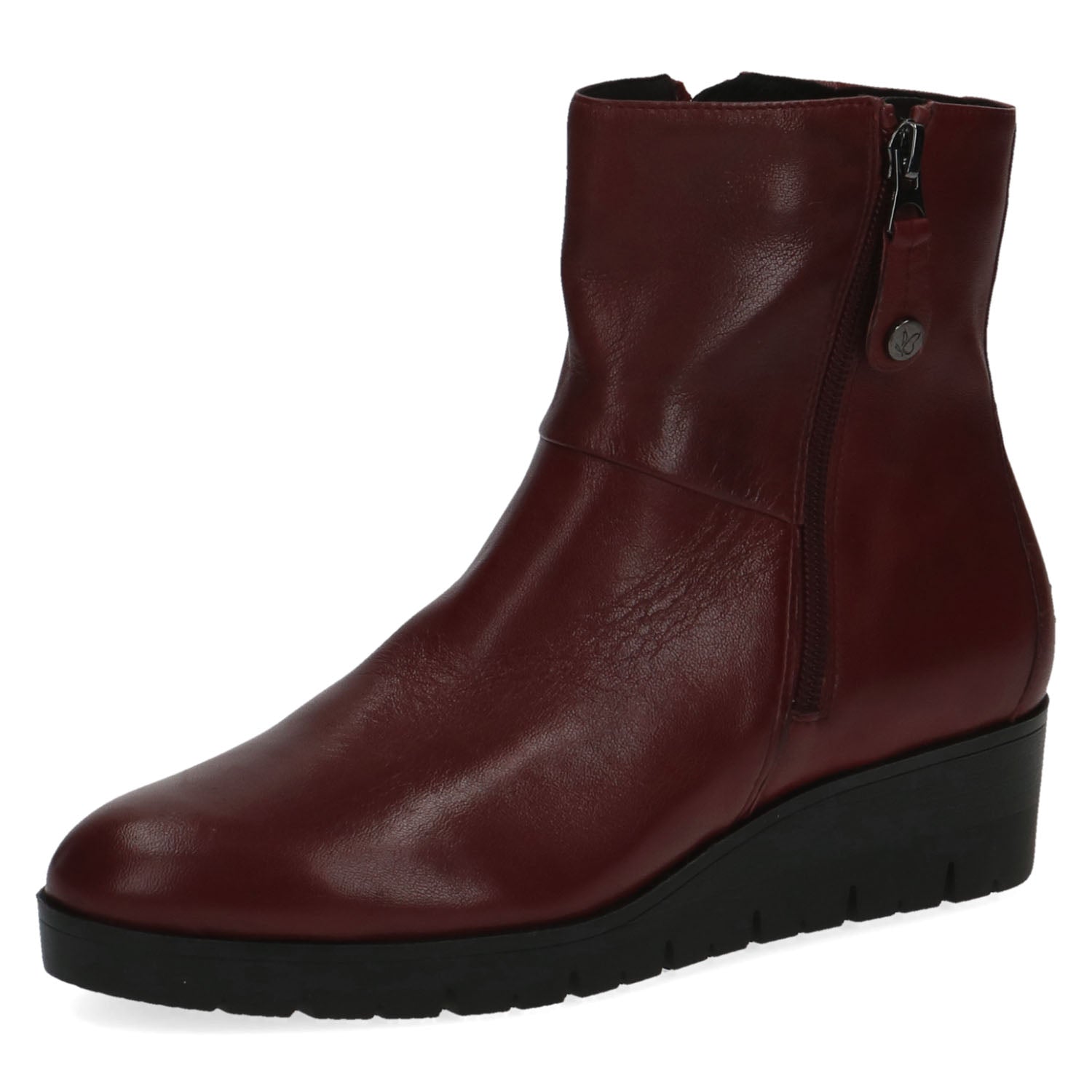 Angled shot of the Wine Stretch Fit Wedge Ankle Boot, showcasing the dual zipper feature.
