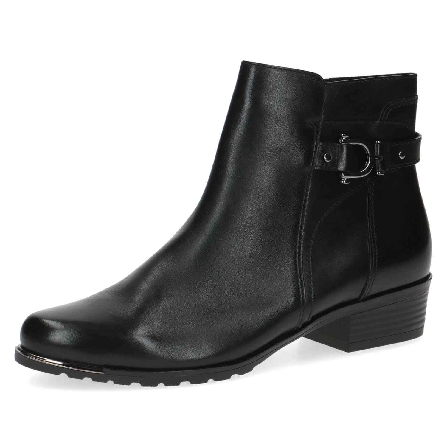 Angled shot of Caprice Black Leather Ankle Boot.