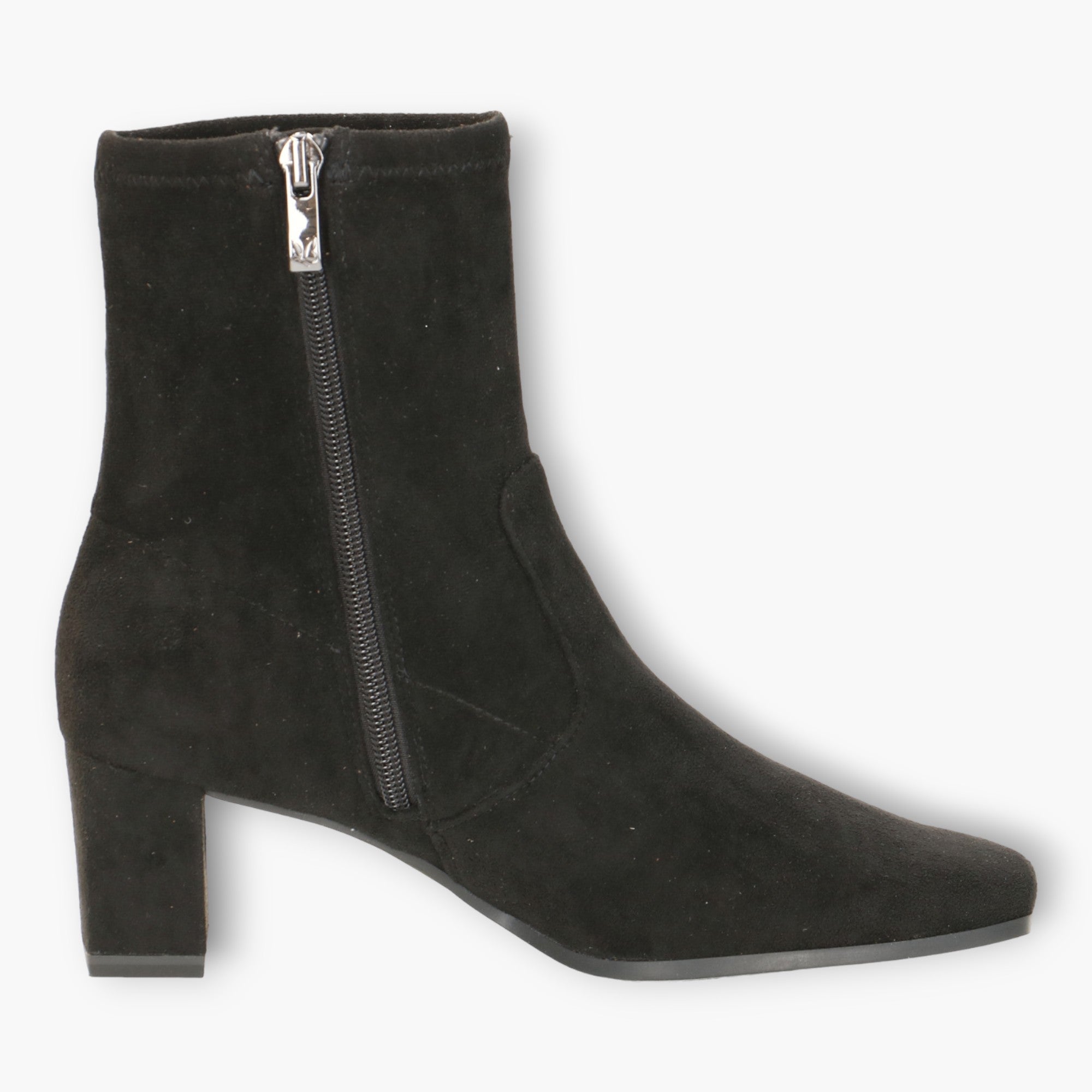 Caprice Black Faux Suede Boots with Block Heel & Pointed Toe - Side Zip, Wide Fit, Comfort Focused - Leavys Shoes