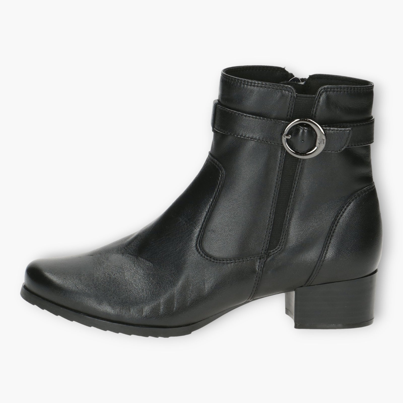 Caprice Black Ankle Boots with Side Zip & Buckle Detail - Block Heel, Wide Fit, Comfort Focused