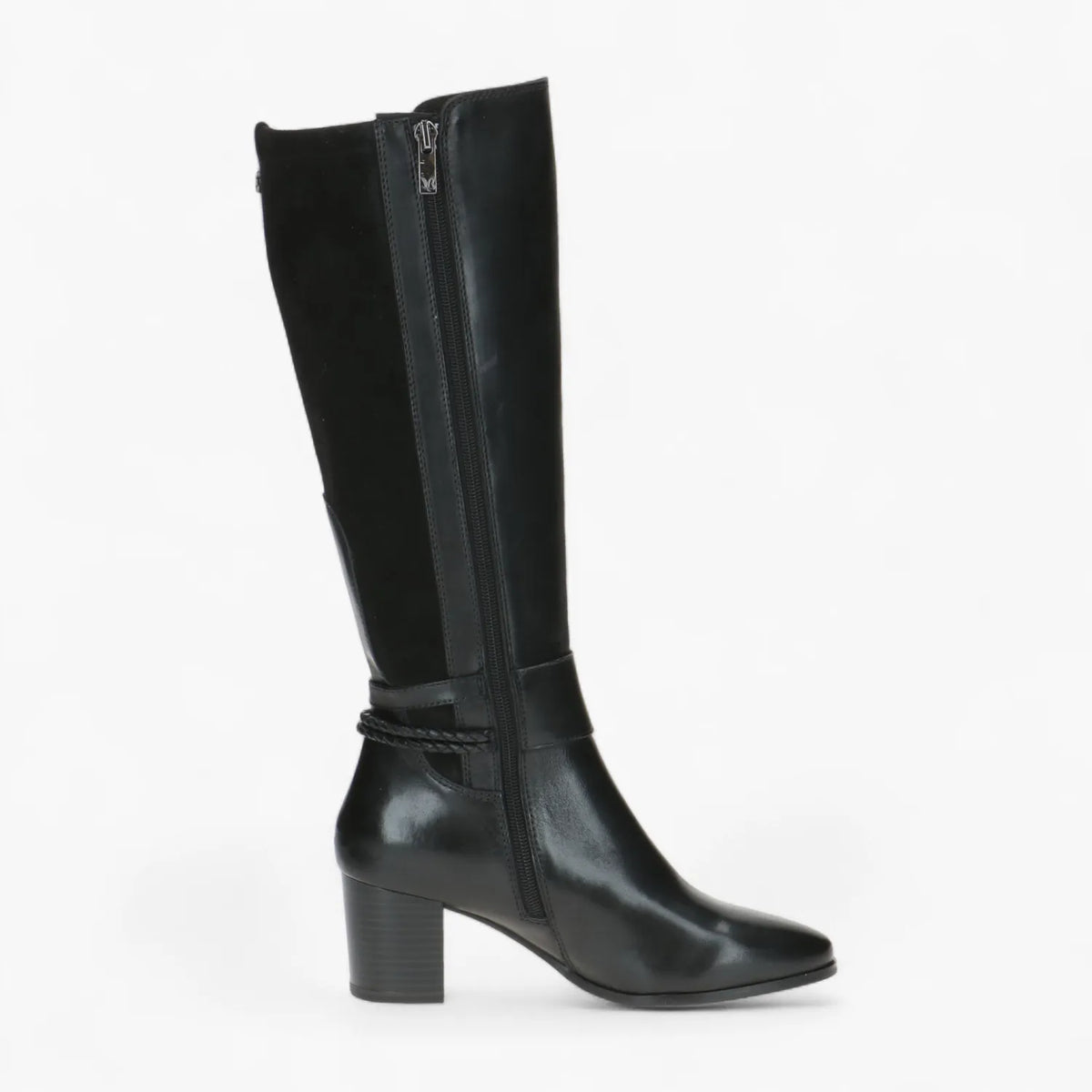 Caprice Black Knee-High Boot with Block Heel & Buckle - Leavys Shoes