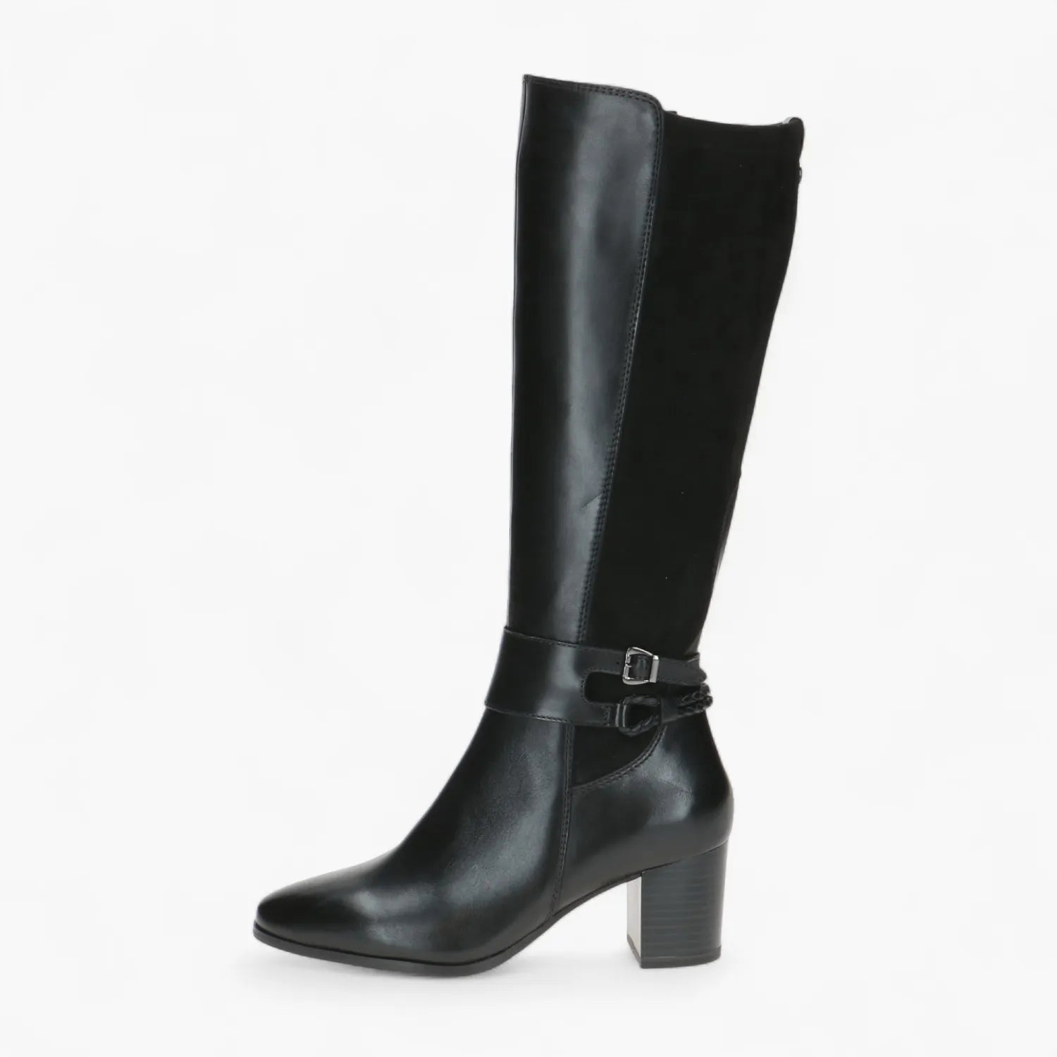 Caprice Black Knee-High Boot with Block Heel & Buckle - Leavys Shoes
