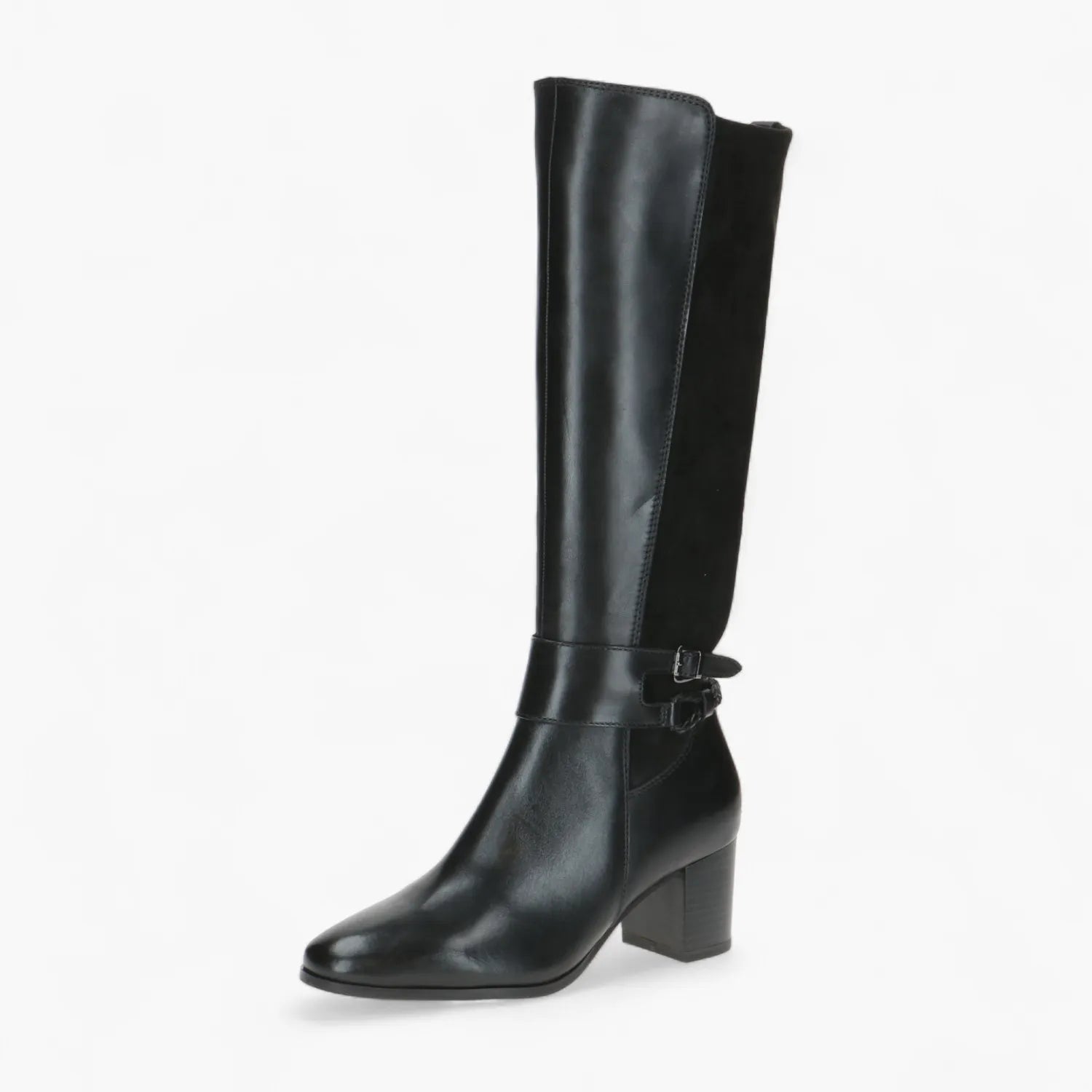 Caprice Black Knee-High Boot with Block Heel & Buckle - Leavys Shoes