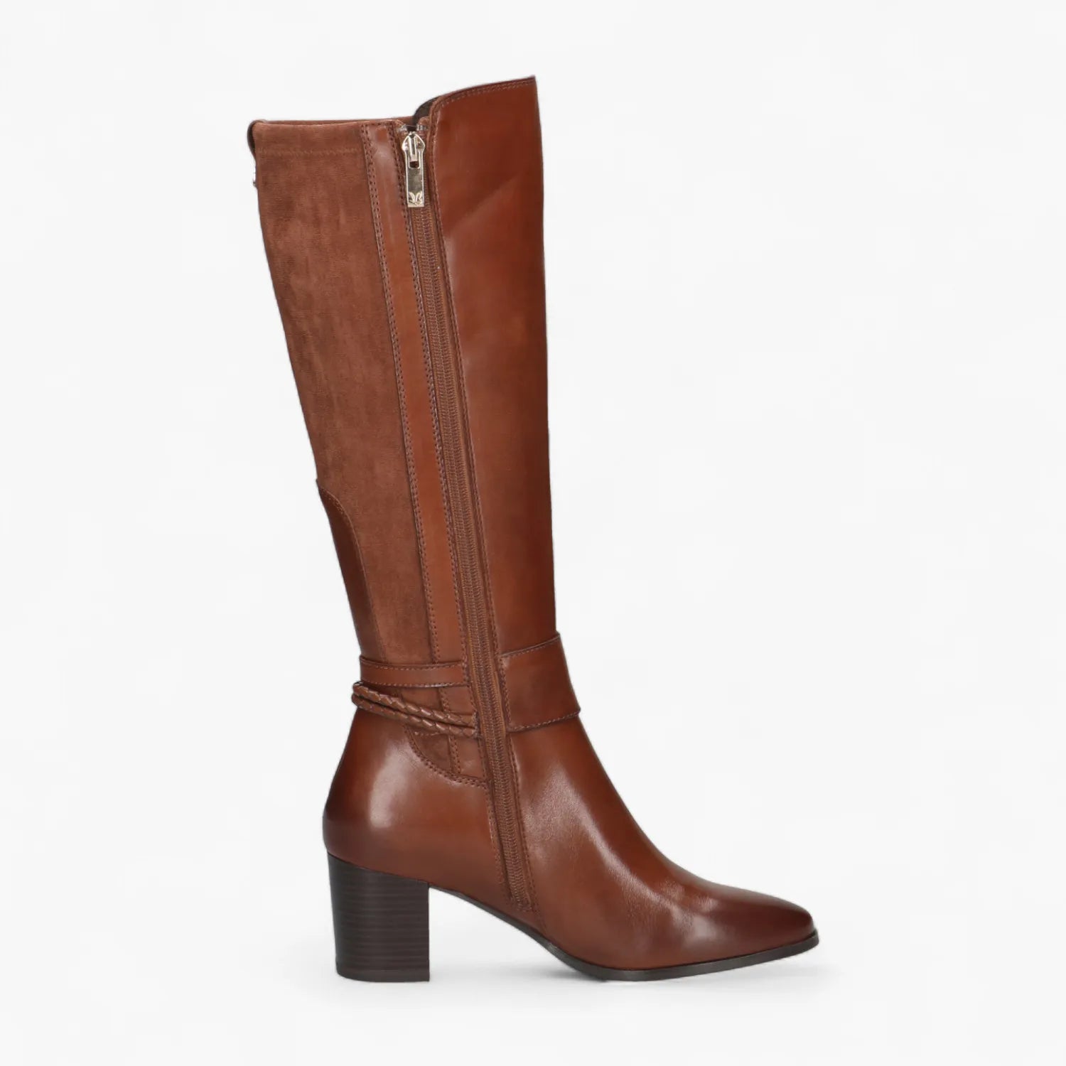 Caprice Cognac Leather Knee Boot with Block Heel & Memotion - Leavys Shoes
