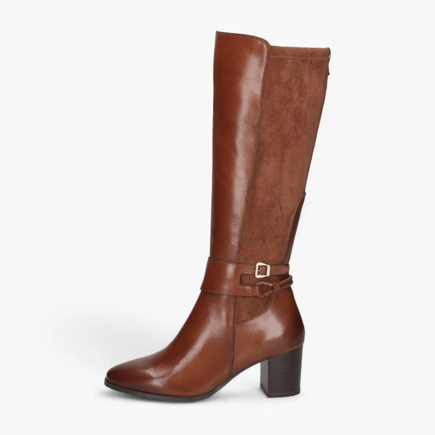Caprice Cognac Leather Knee Boot with Block Heel & Memotion - Leavys Shoes