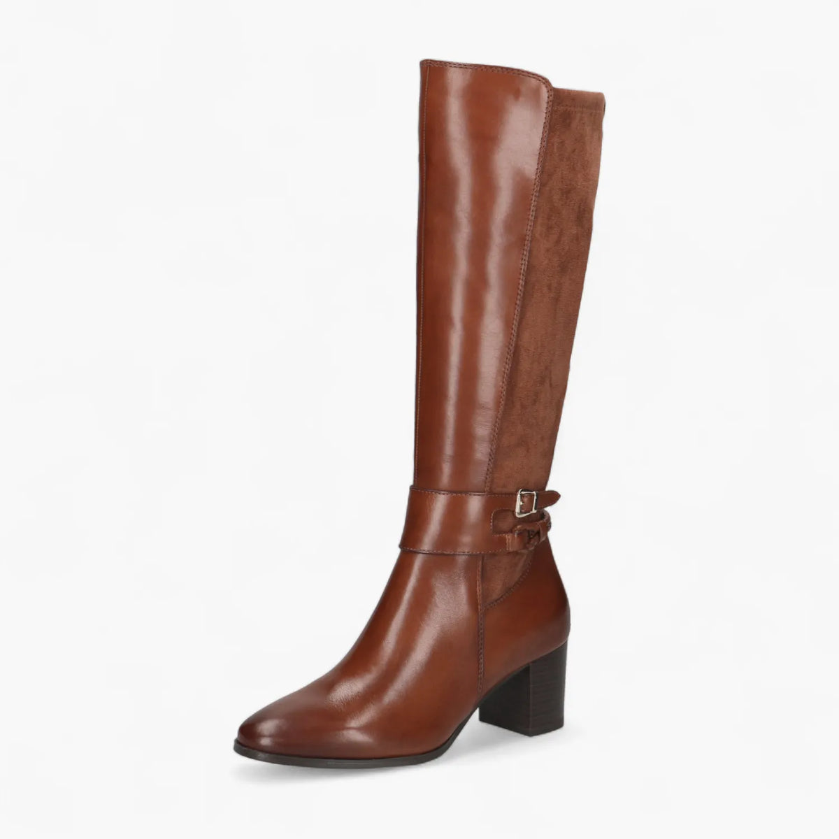 Caprice Cognac Leather Knee Boot with Block Heel & Memotion - Leavys Shoes