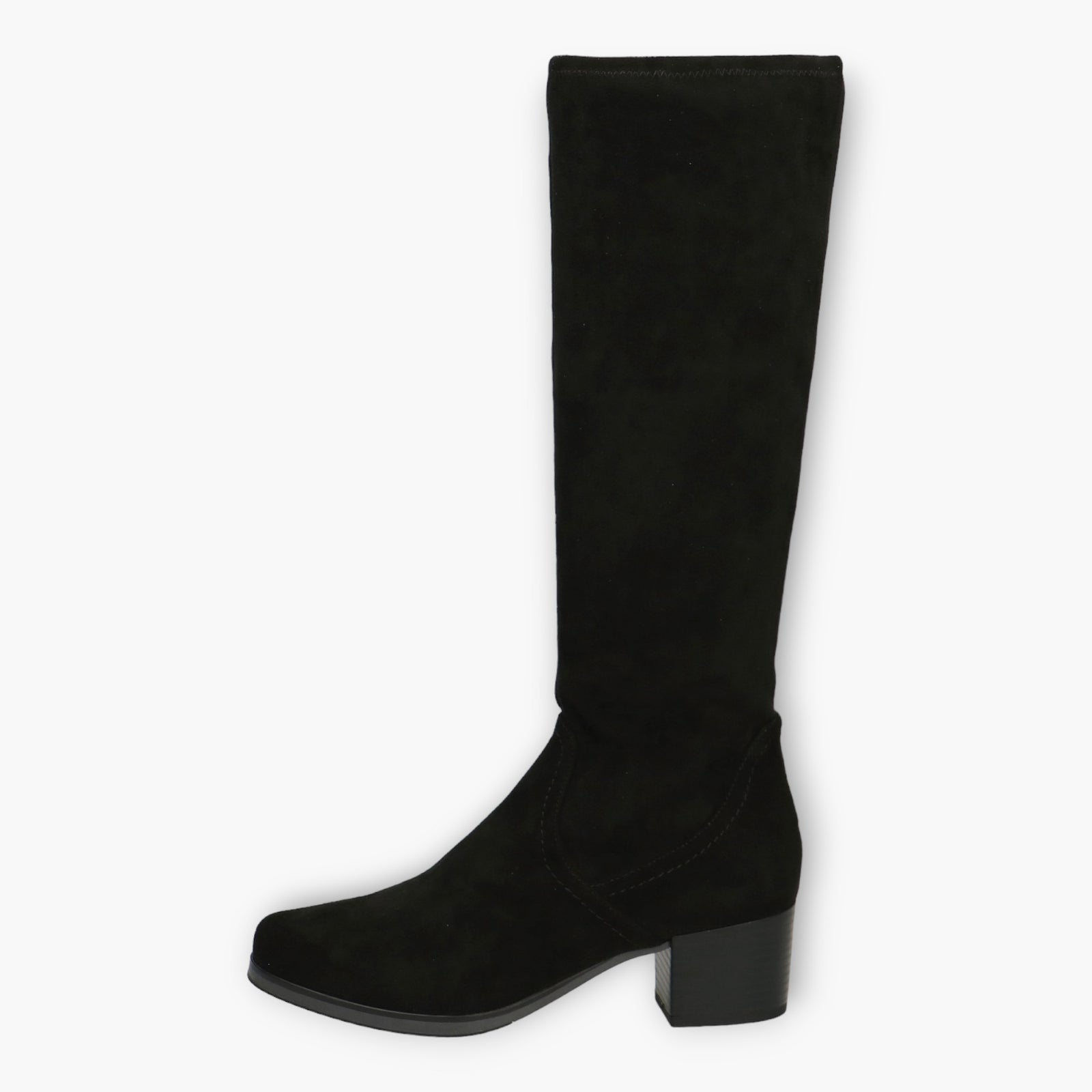 Caprice Black Faux Suede Knee-High Boots - Wide Fit, Stretch & Block Heel