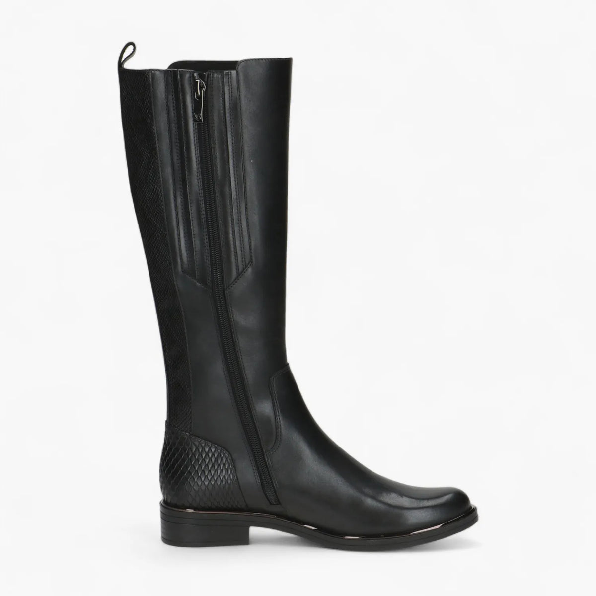 Caprice Black Leather Stretch Boot with Zip & Low Heel - Leavys Shoes