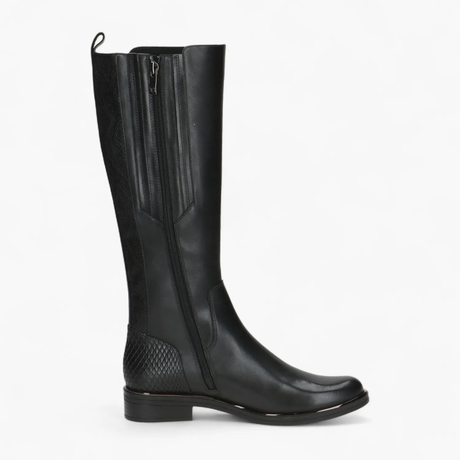 Caprice Black Leather Stretch Boot with Zip & Low Heel - Leavys Shoes