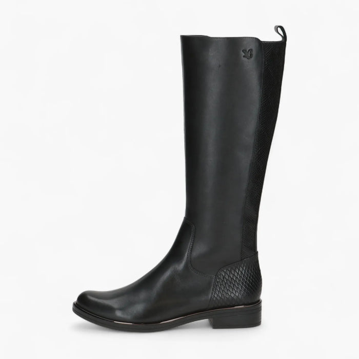 Caprice Black Leather Stretch Boot with Zip & Low Heel - Leavys Shoes