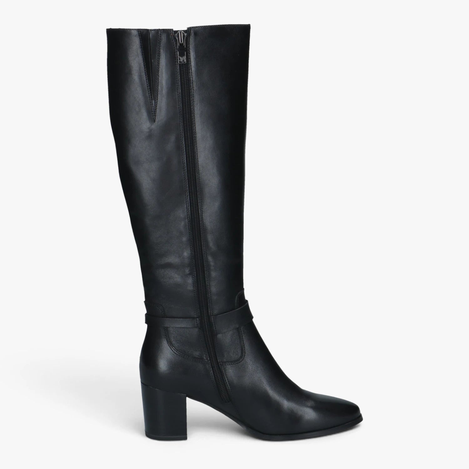 Caprice Black Leather Block Heel Knee-High Boots