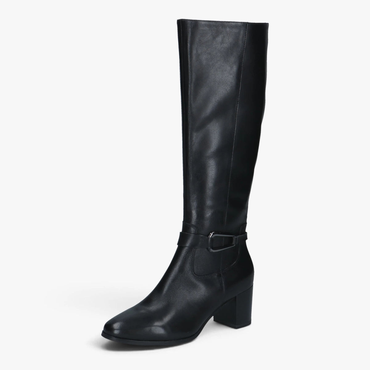 Caprice Black Leather Block Heel Knee-High Boots