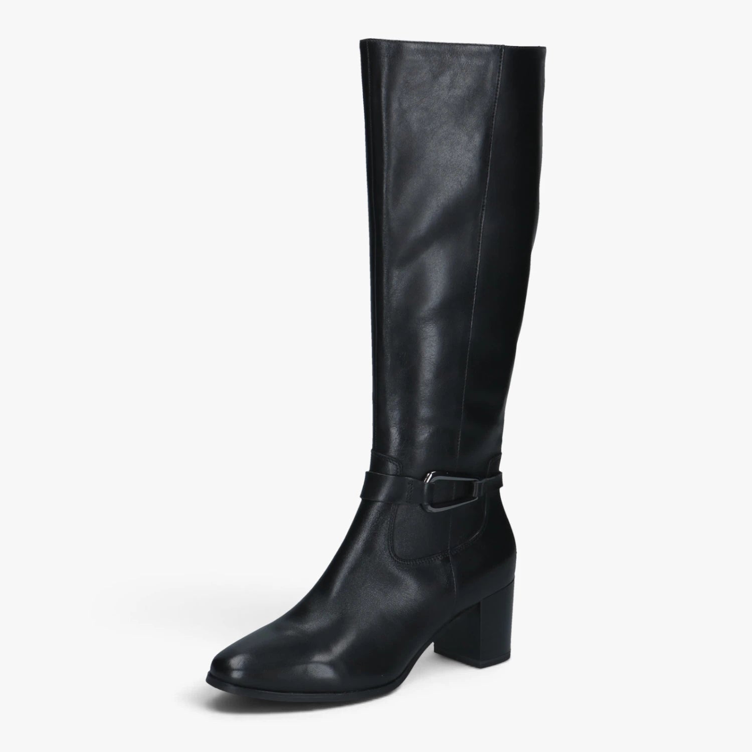 Caprice Black Leather Block Heel Knee-High Boots