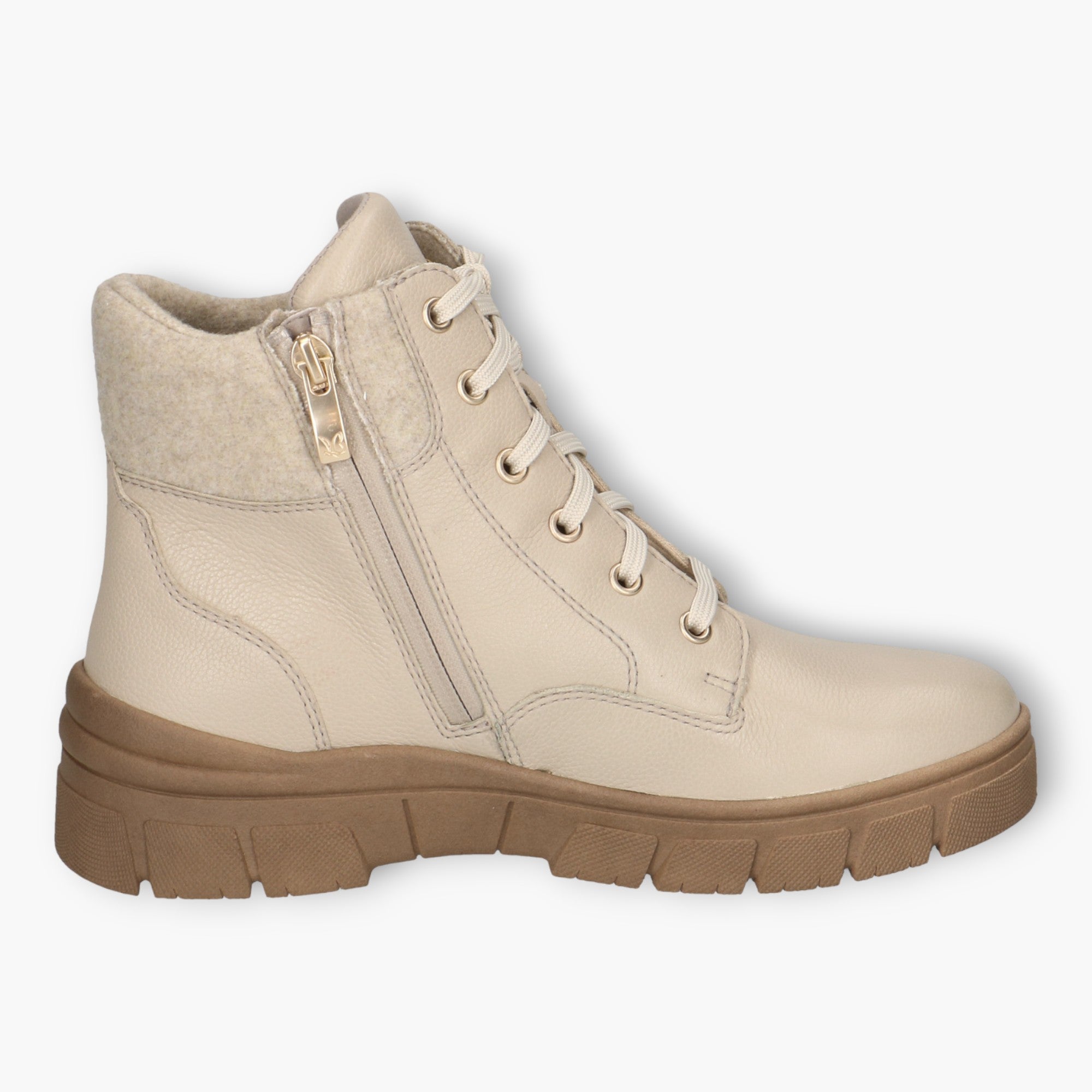 Caprice Beige Boots with Gum Sole, Laces & Side Zip - Wedge Sole, Wide Fit, Comfort Focused - Leavys Shoes