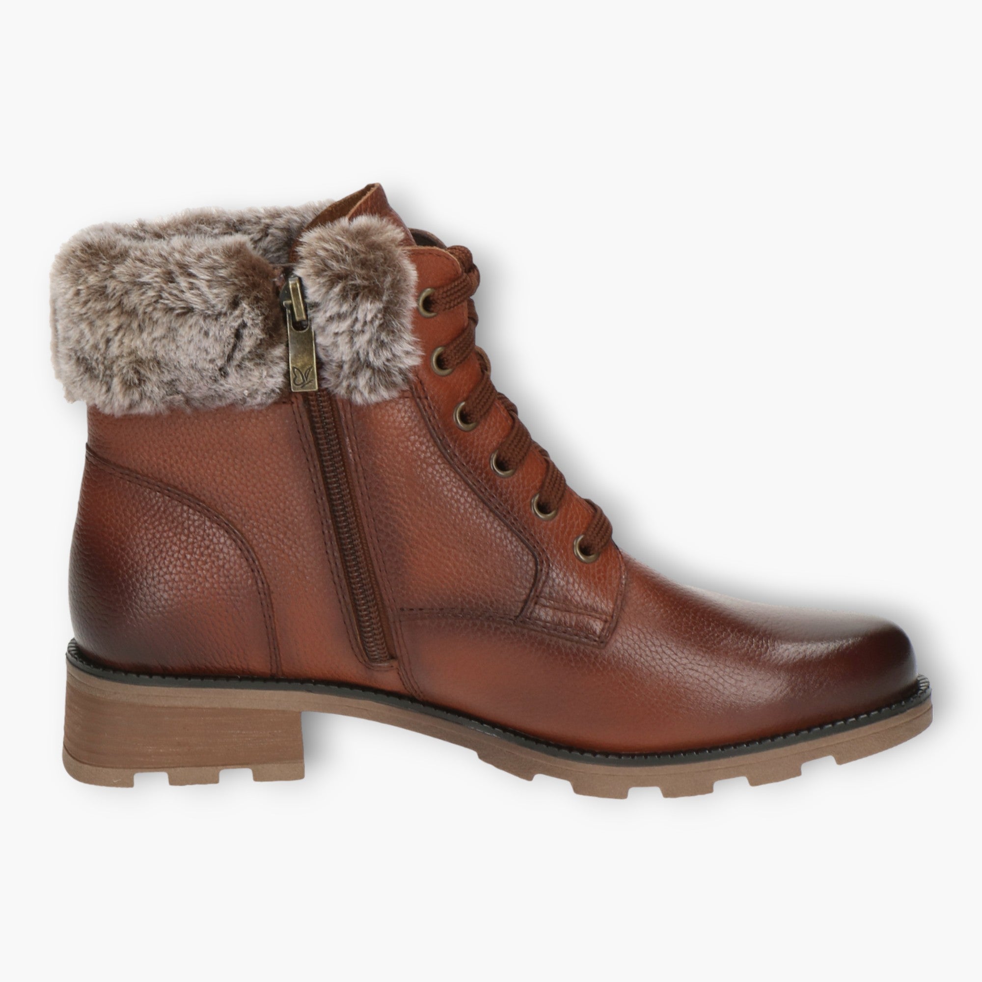 Caprice Brown Ankle Boots with Laces, Side Zip & Chunky Sole - Fur Lined, Wide Fit