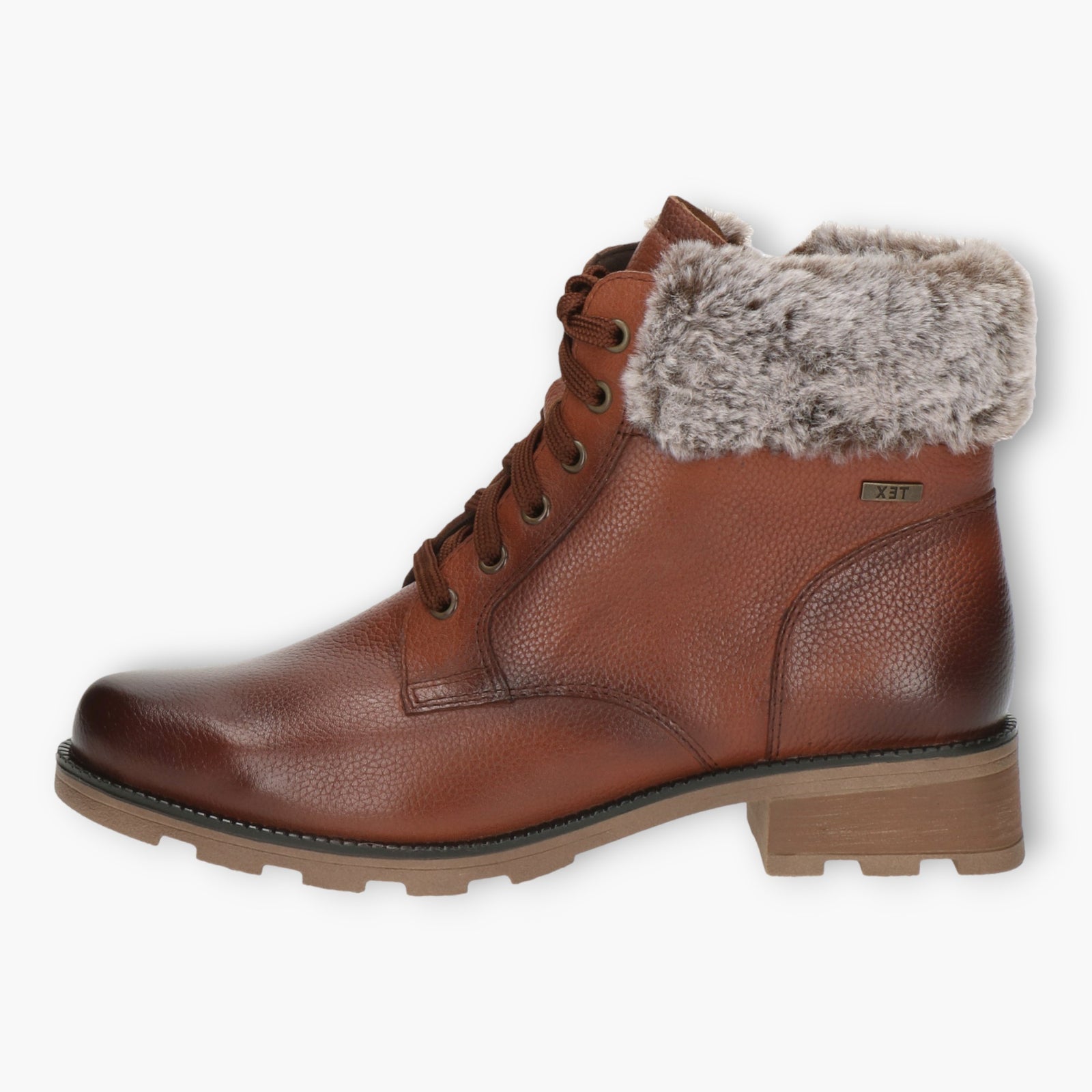 Caprice Brown Ankle Boots with Laces, Side Zip & Chunky Sole - Fur Lined, Wide Fit - Leavys Shoes