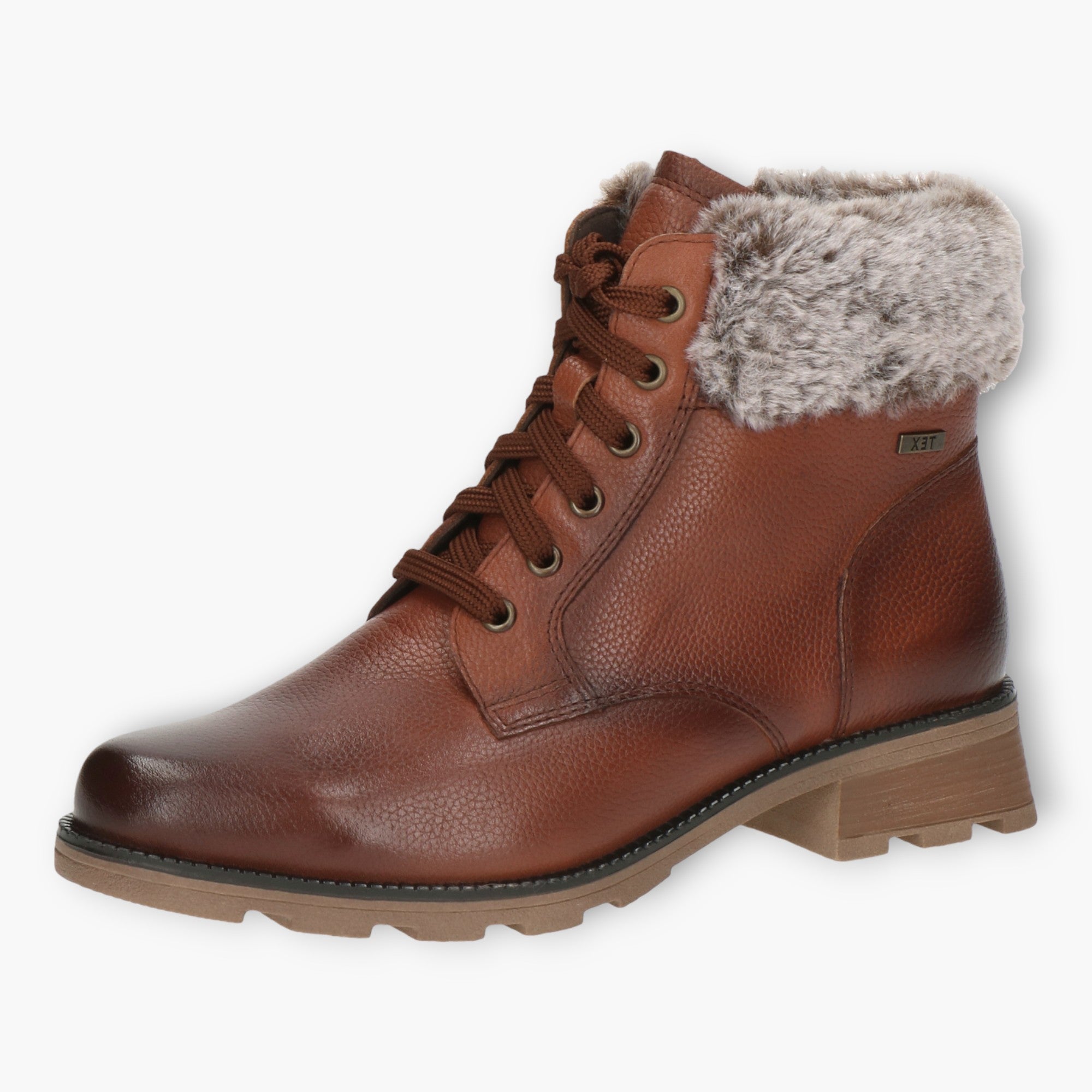 Caprice Brown Ankle Boots with Laces, Side Zip & Chunky Sole - Fur Lined, Wide Fit - Leavys Shoes