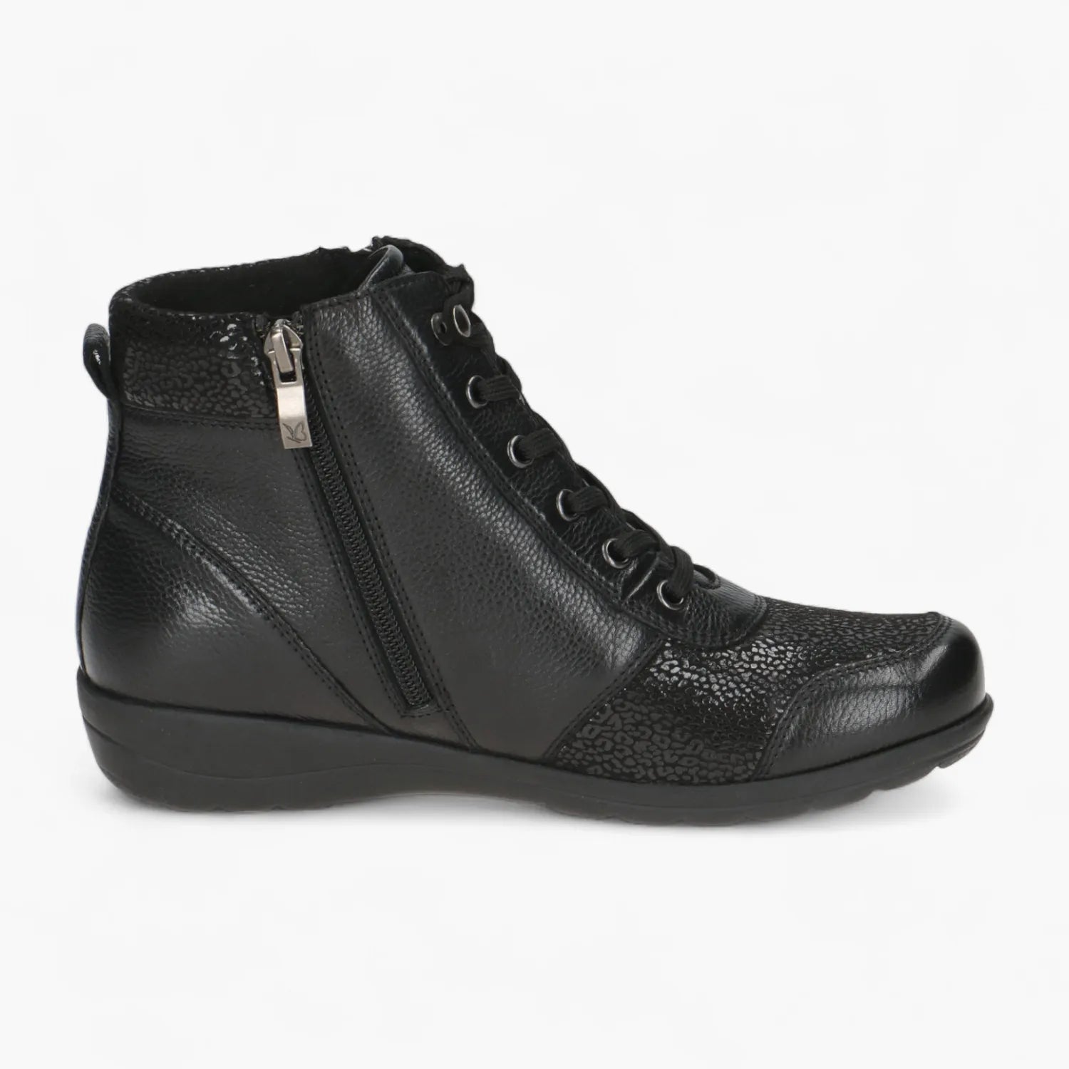 Caprice Black Leather Ankle Boot with StretchOut Fit - Leavys Shoes