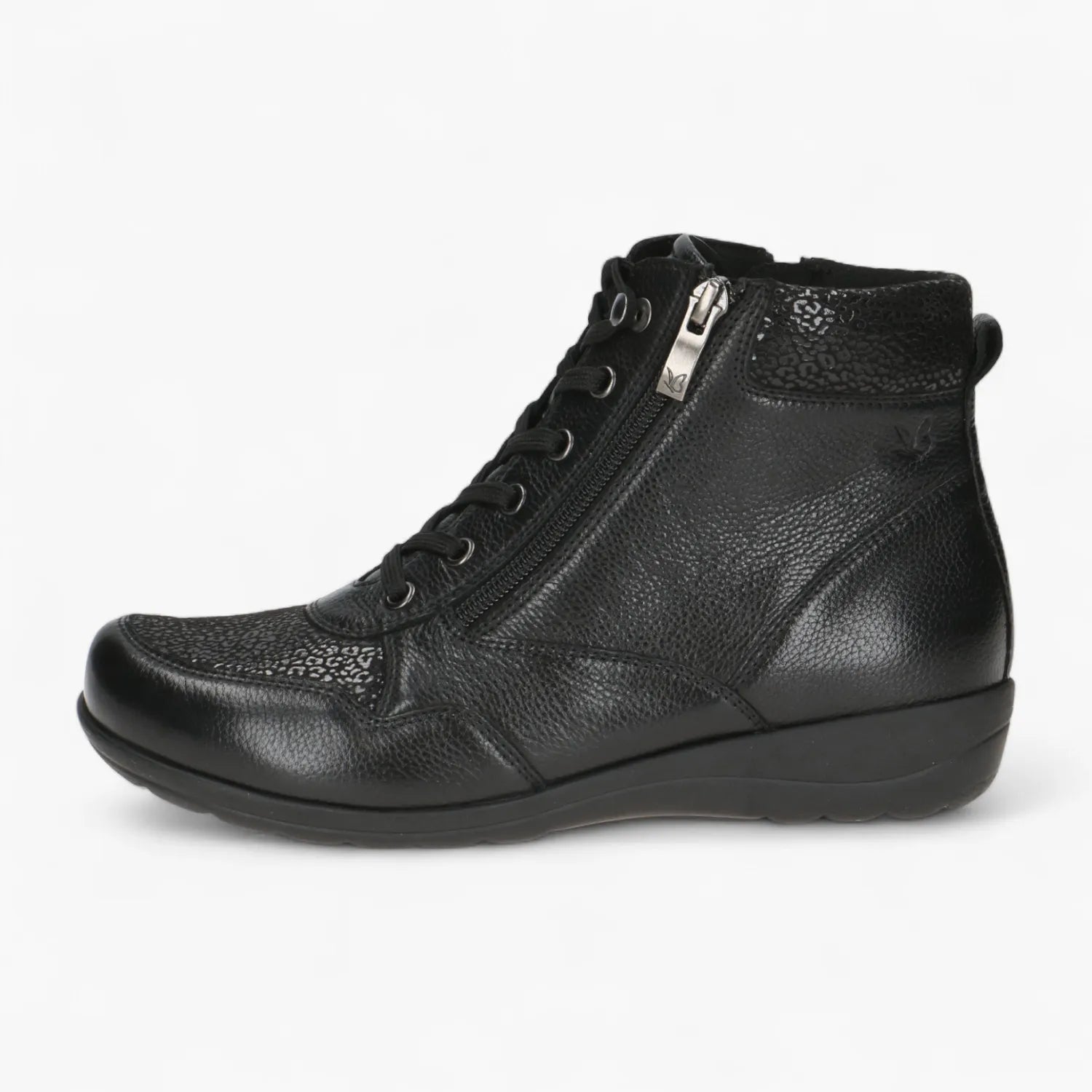 Caprice Black Leather Ankle Boot with StretchOut Fit - Leavys Shoes