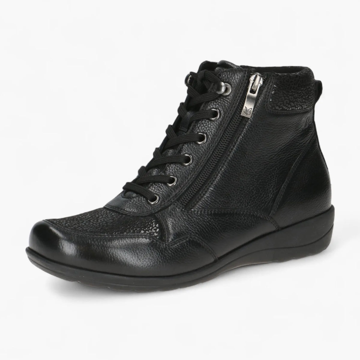 Caprice Black Leather Ankle Boot with StretchOut Fit - Leavys Shoes