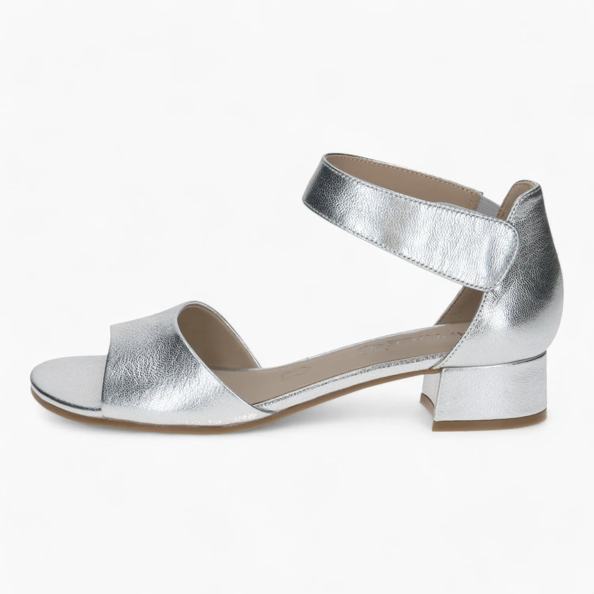 Caprice Silver Low Block Heel Sandal – Reflective &amp; Dressy - Leavys Shoes