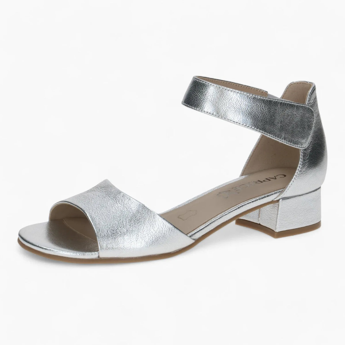 Caprice Silver Low Block Heel Sandal – Reflective & Dressy - Leavys Shoes