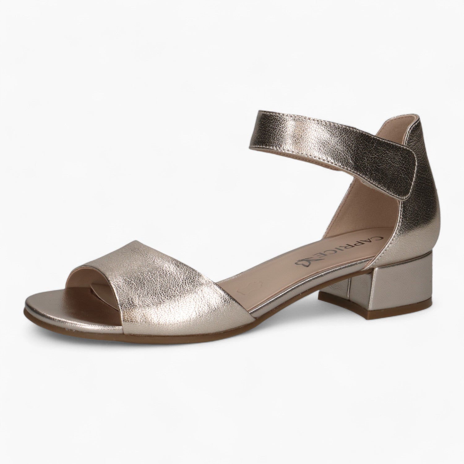 Caprice Platinum Gold Low Block Heel Sandal – Elegant & Comfortable - Leavys Shoes