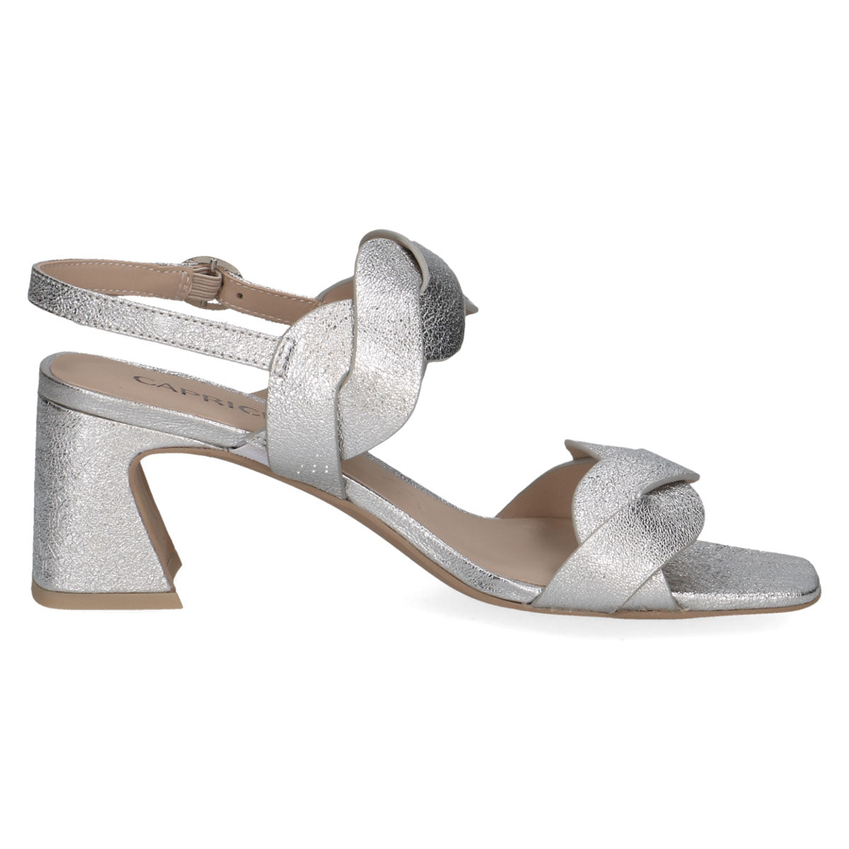 Top view of the sandal, focusing on the metallic finish and elegant square toe.