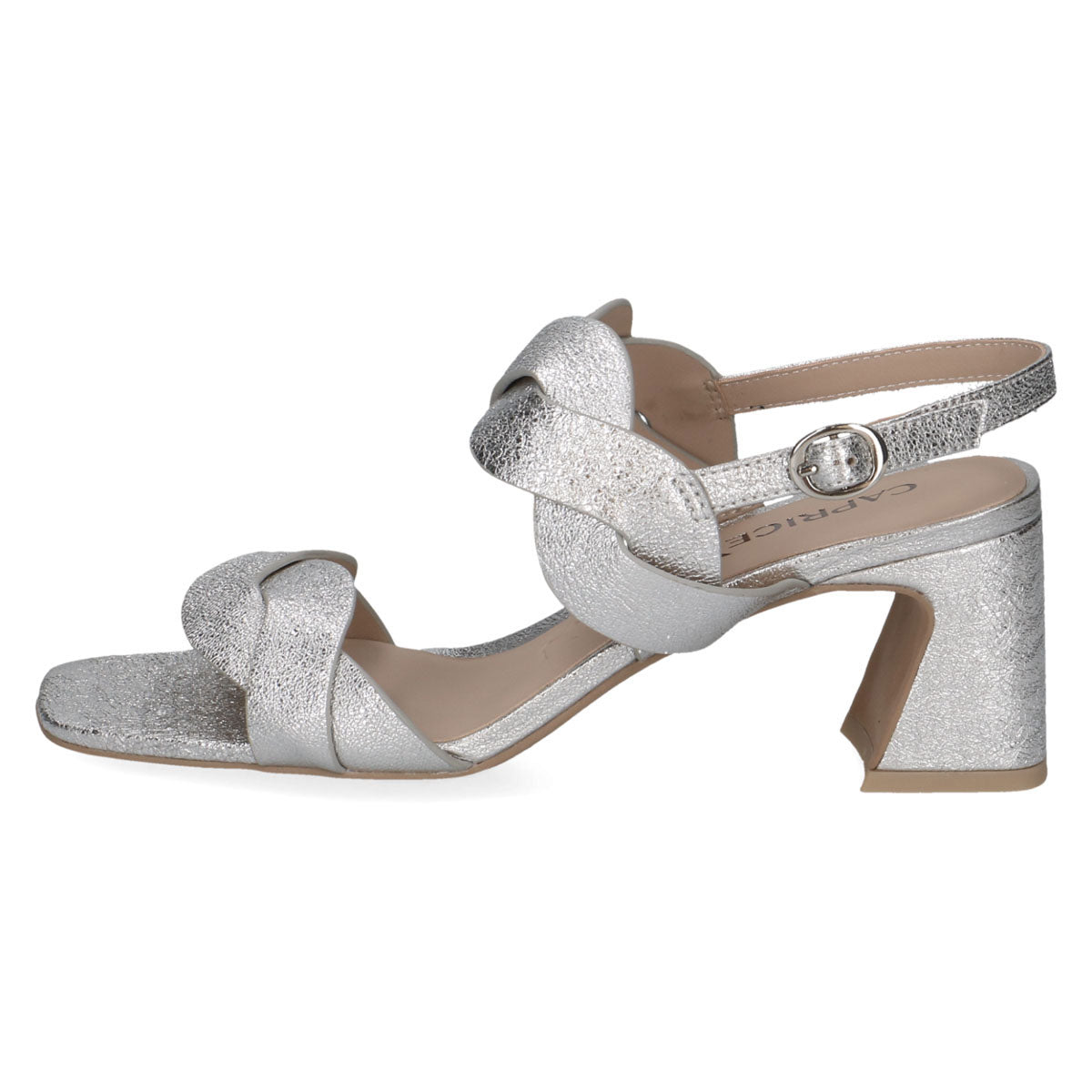 Silver Metallic Block Heel Sandal with Bow Detail