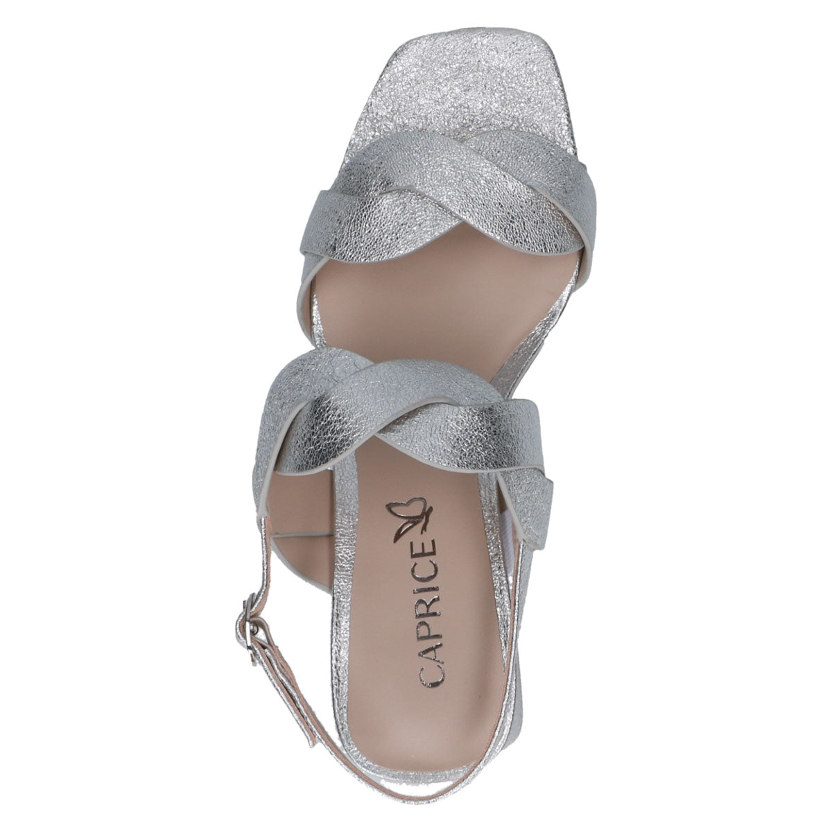 Inside view showing the comfortable synthetic lining of the Silver Block Heel Sandal.