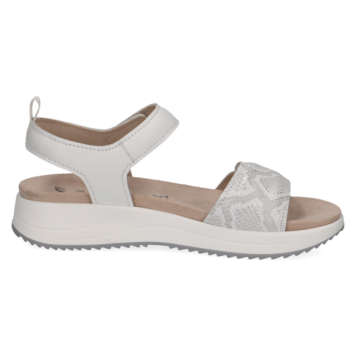 Caprice White Sandal with Snakeskin Detail and Velcro Straps