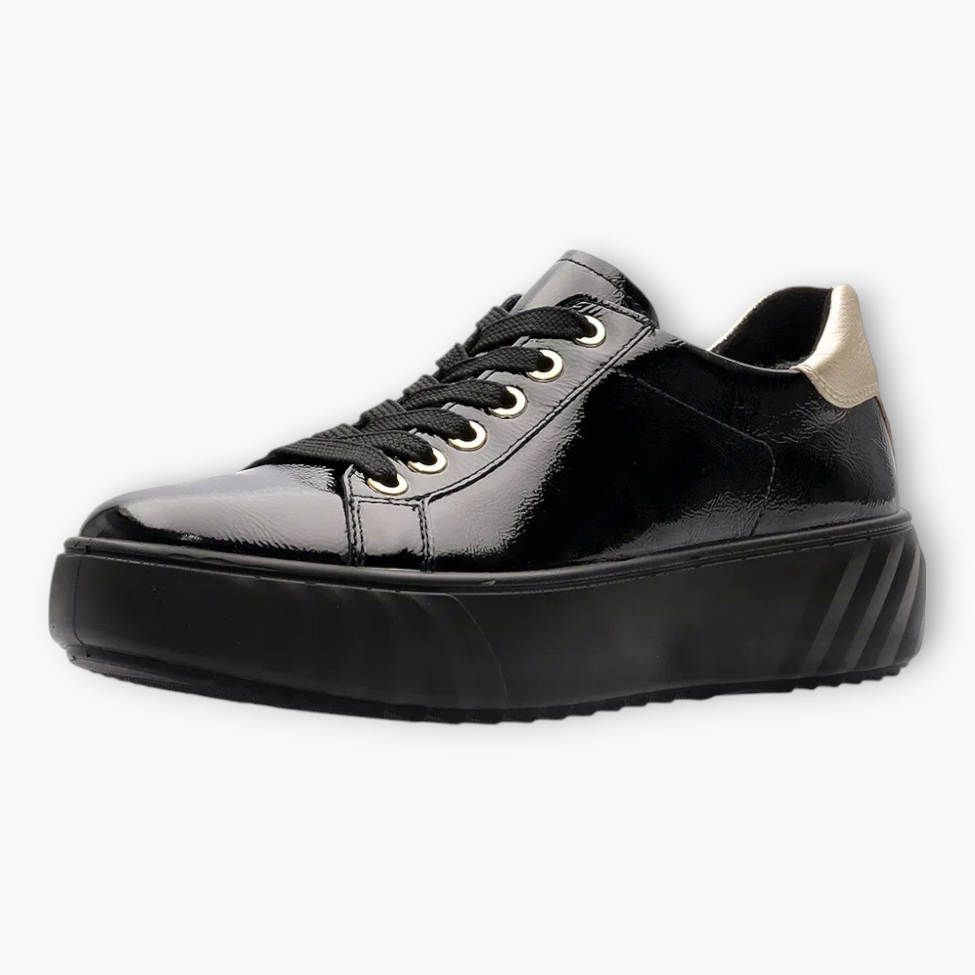 Ara Wide Fit Black Patent Trainer with Gold Heel Detail - Leavys Shoes