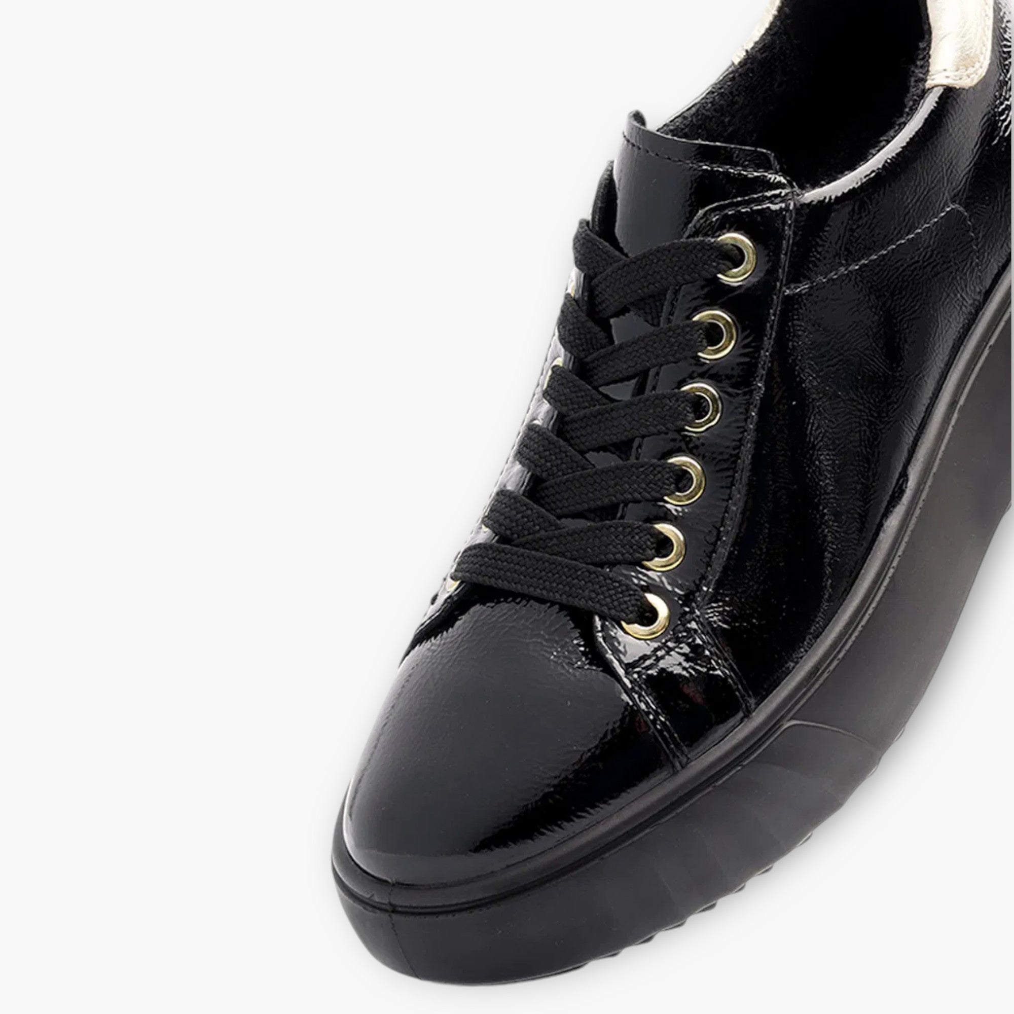 Ara Wide Fit Black Patent Trainer with Gold Heel Detail