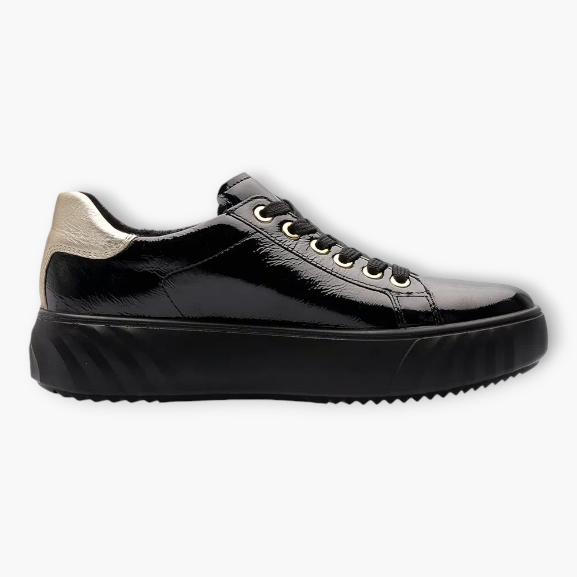 Ara Wide Fit Black Patent Trainer with Gold Heel Detail - Leavys Shoes